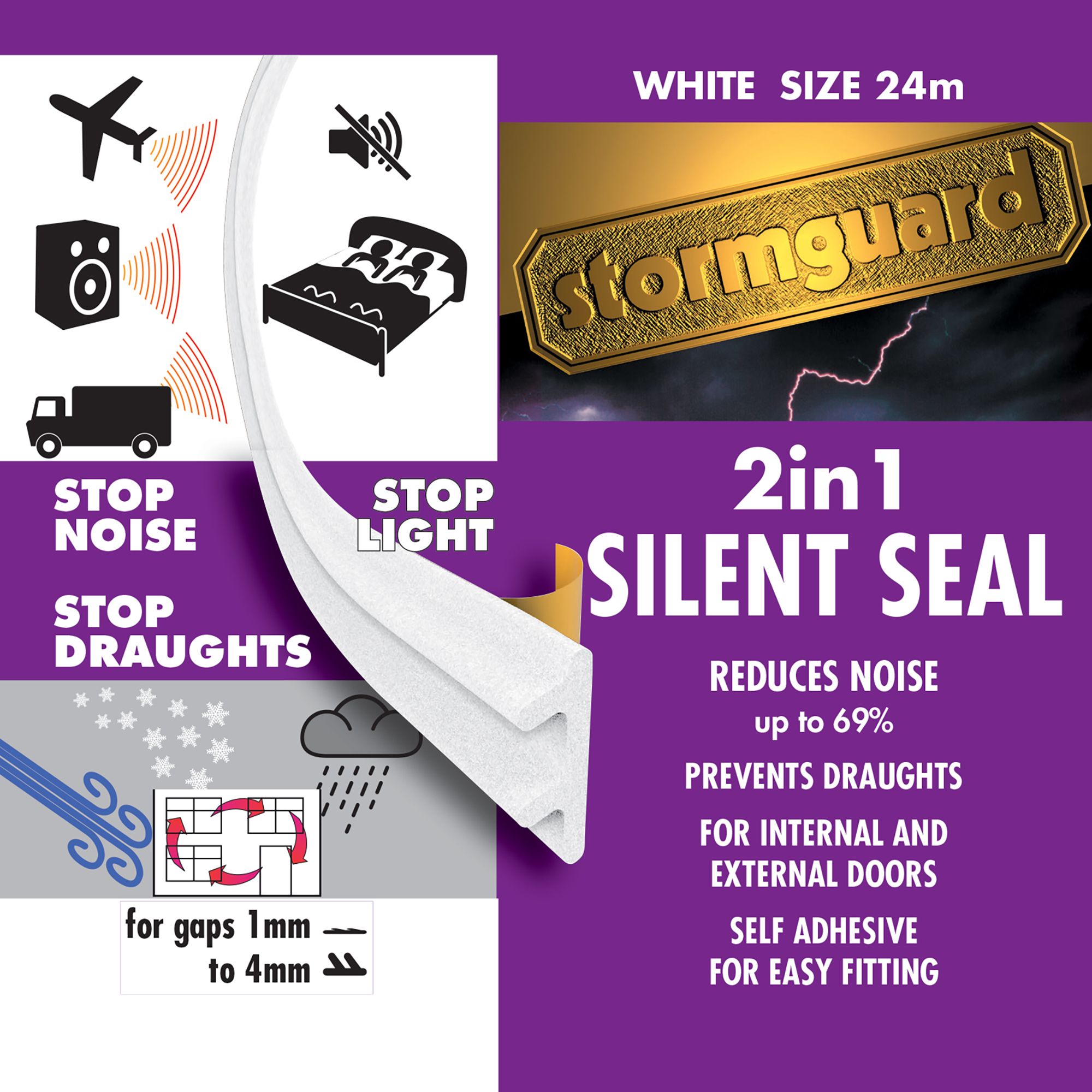 Stormguard Rectangular White Draught seal (L)24m