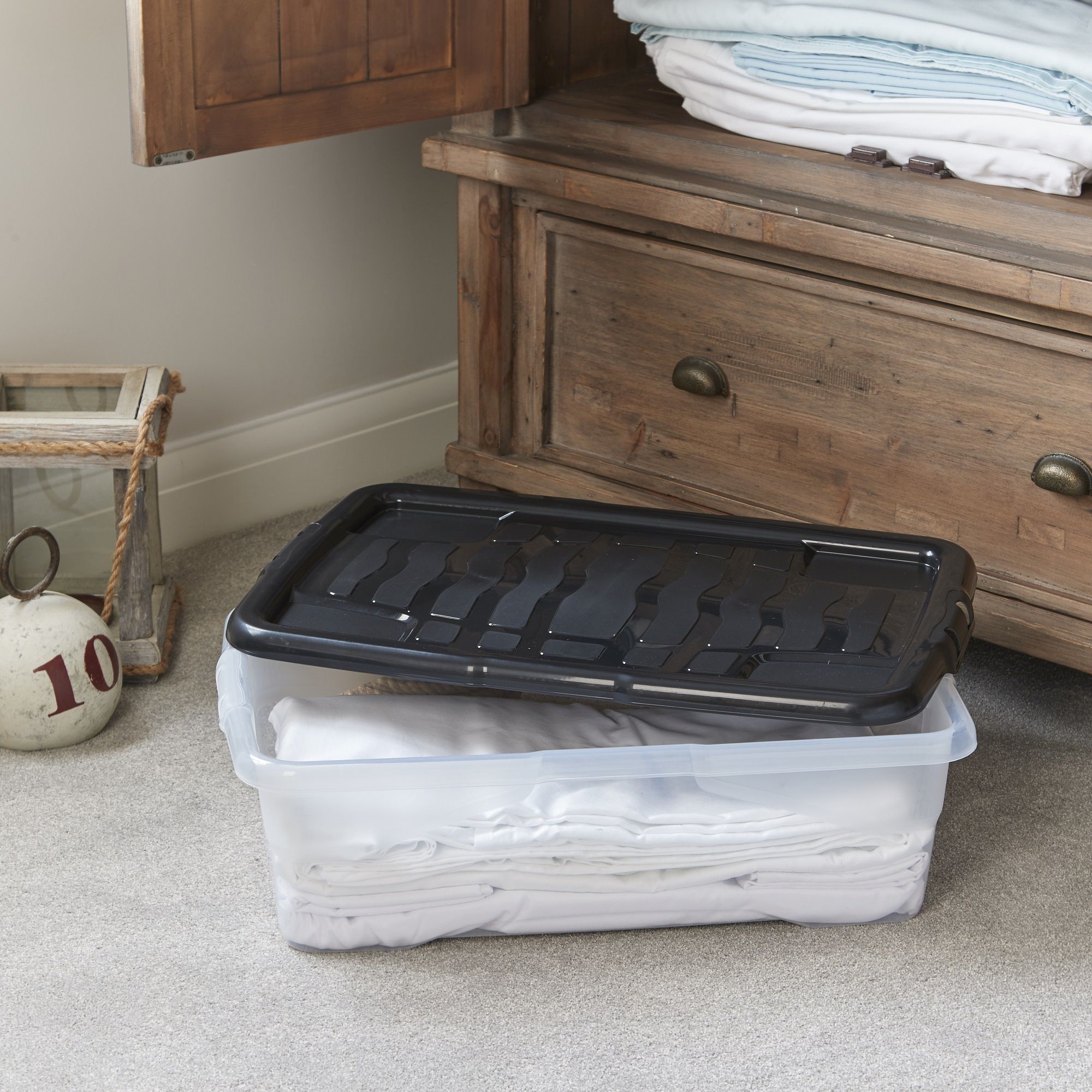 Strata Curve Clear & Black 30L Small Stackable Storage box with Lid, Pack of 3