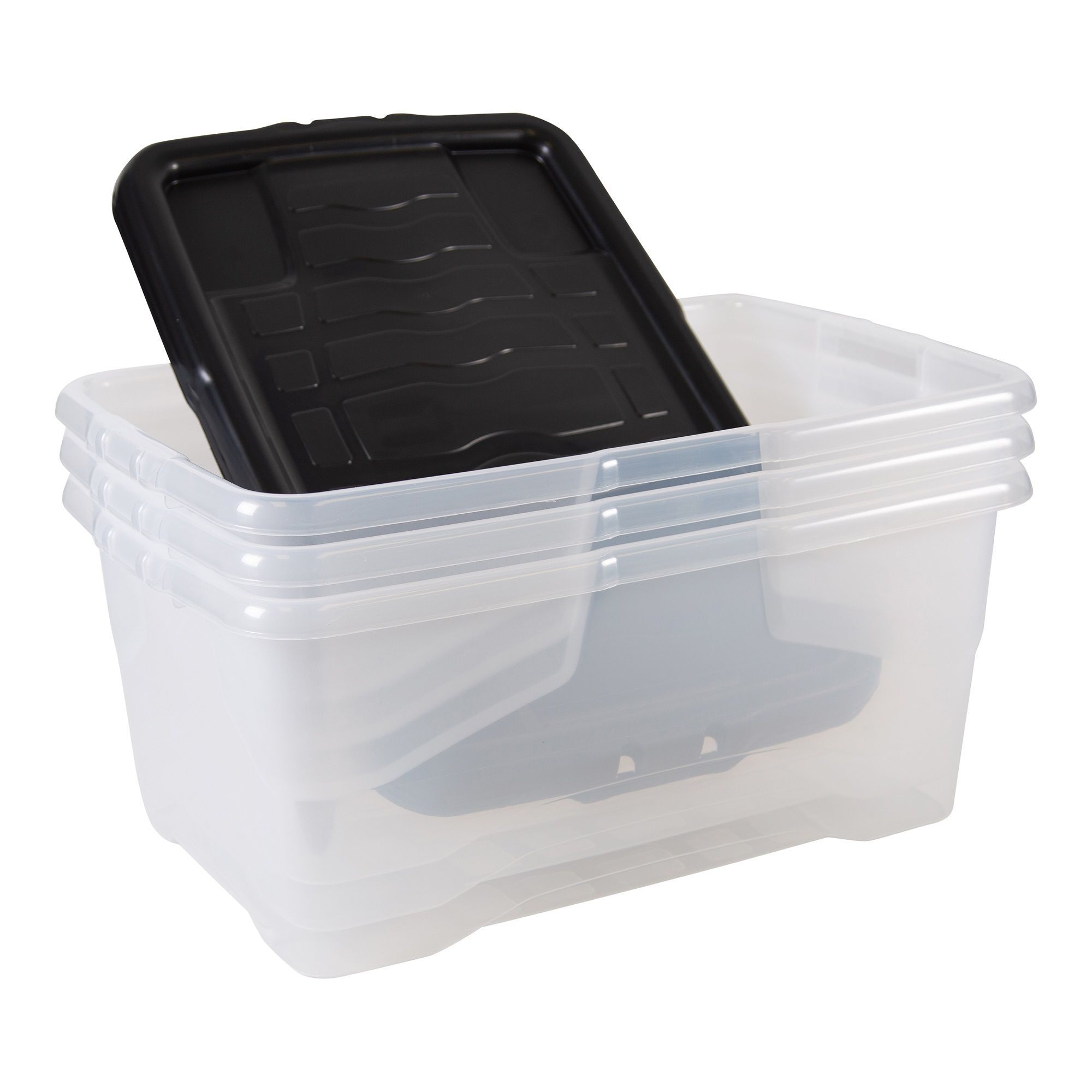 Strata Curve Clear & Black 42L Medium Stackable Storage box with Lid, Pack of 3