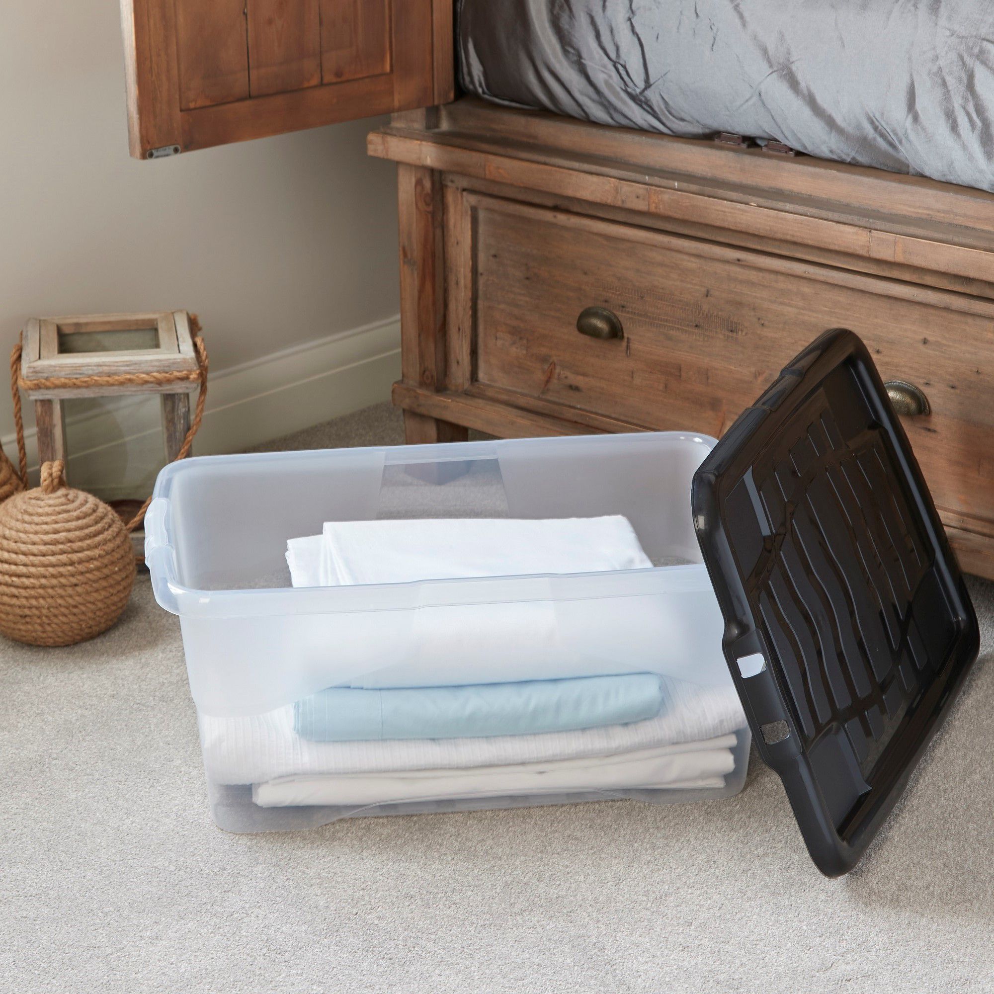 Strata Curve Clear & Black 42L Medium Stackable Storage box with Lid, Pack of 3