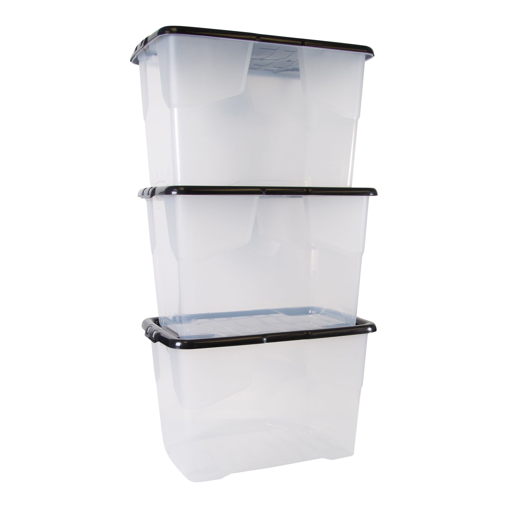Strata Curve Clear & Black 65L Large Plastic Stackable Storage box with Lid, Pack of 3