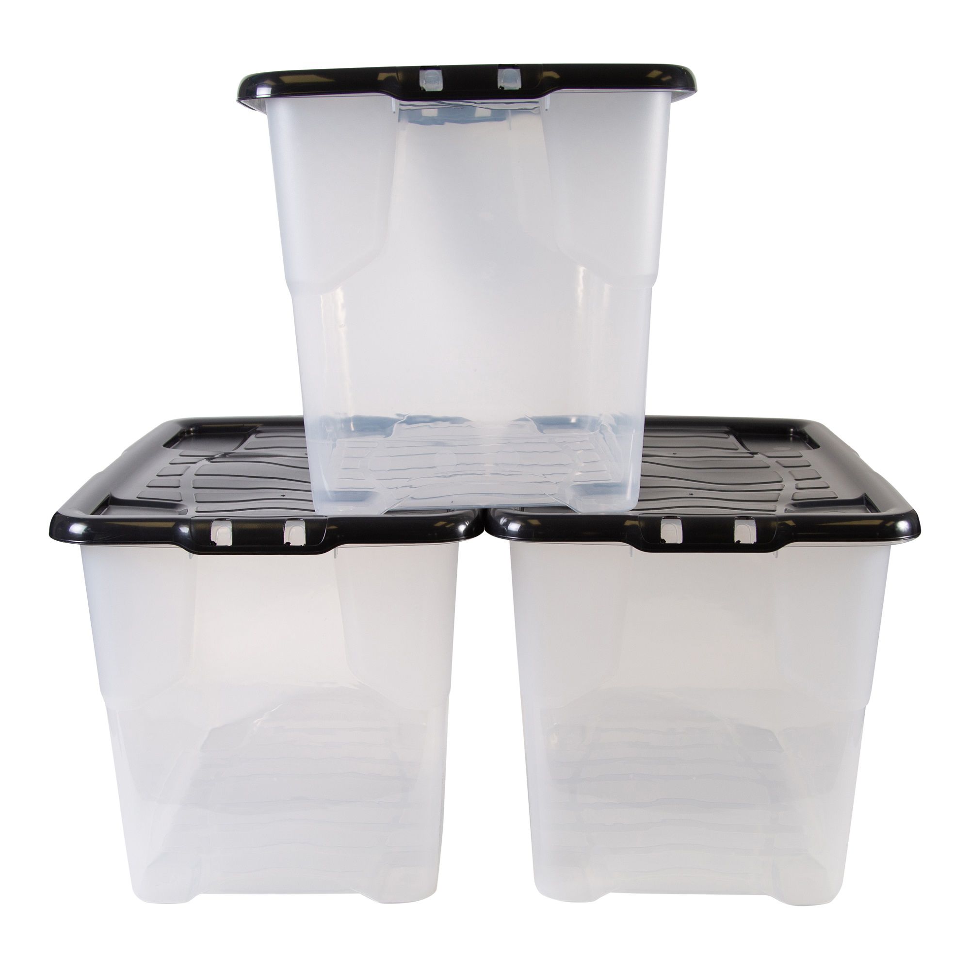 Strata Curve Clear & Black 65L Large Plastic Stackable Storage box with Lid, Pack of 3