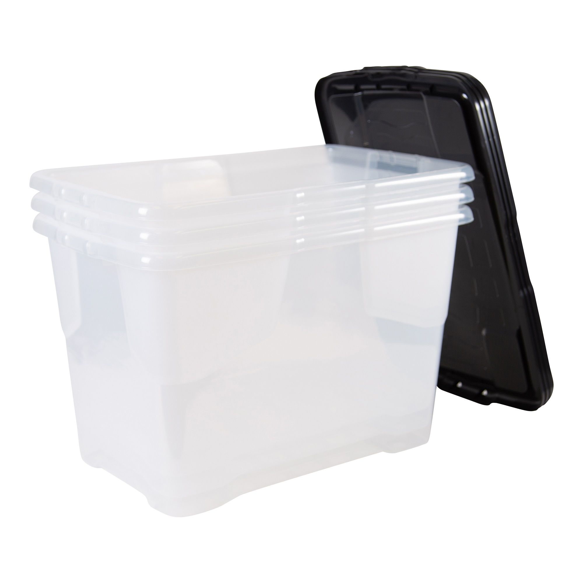 Strata Curve Clear & Black 65L Large Plastic Stackable Storage box with Lid, Pack of 3