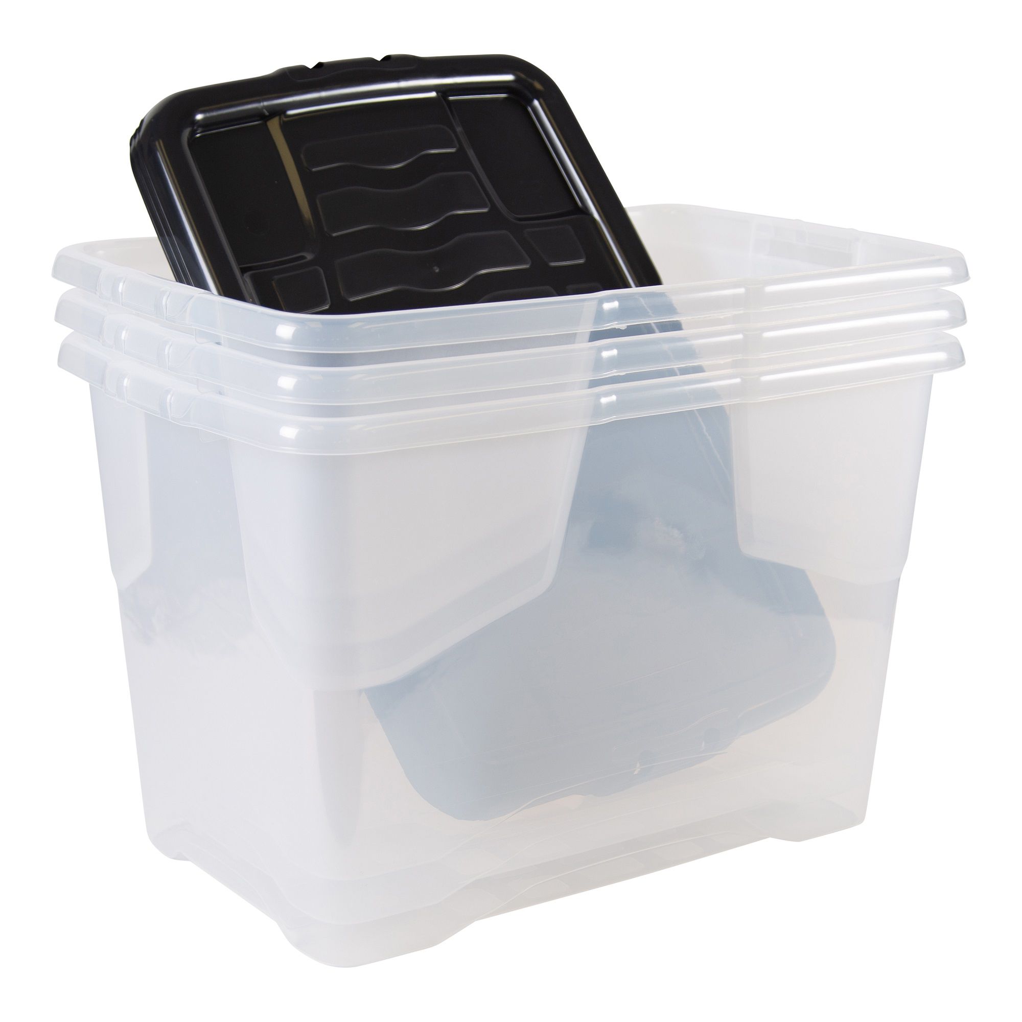 Strata Curve Clear & Black 65L Large Plastic Stackable Storage box with Lid, Pack of 3