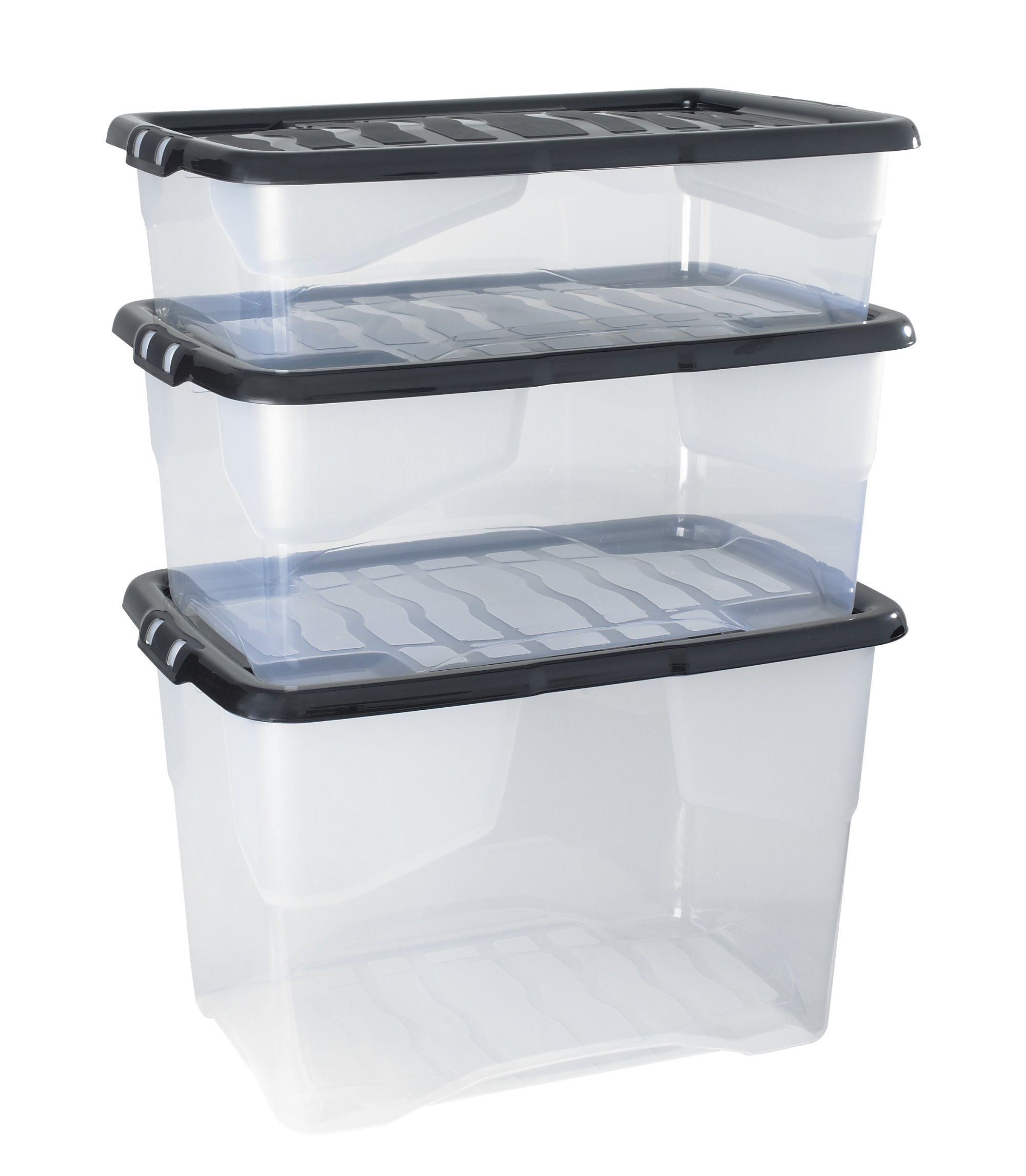 Strata Curve Clear & Black 65L Large Plastic Stackable Storage box with Lid, Pack of 3