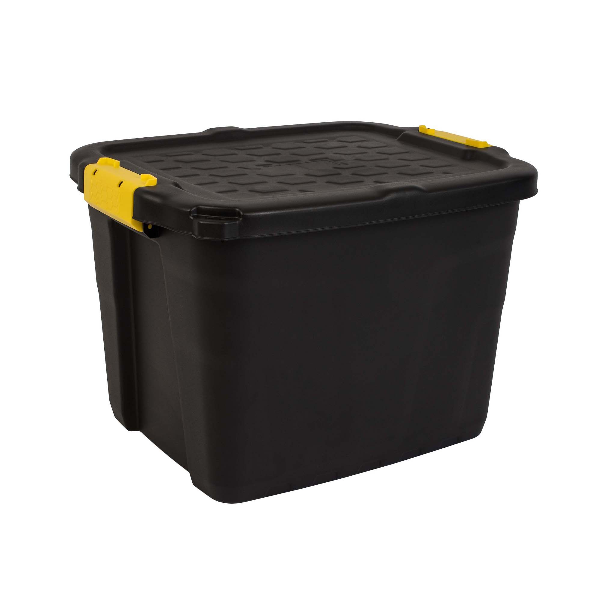 Black plastic storage clearance bins