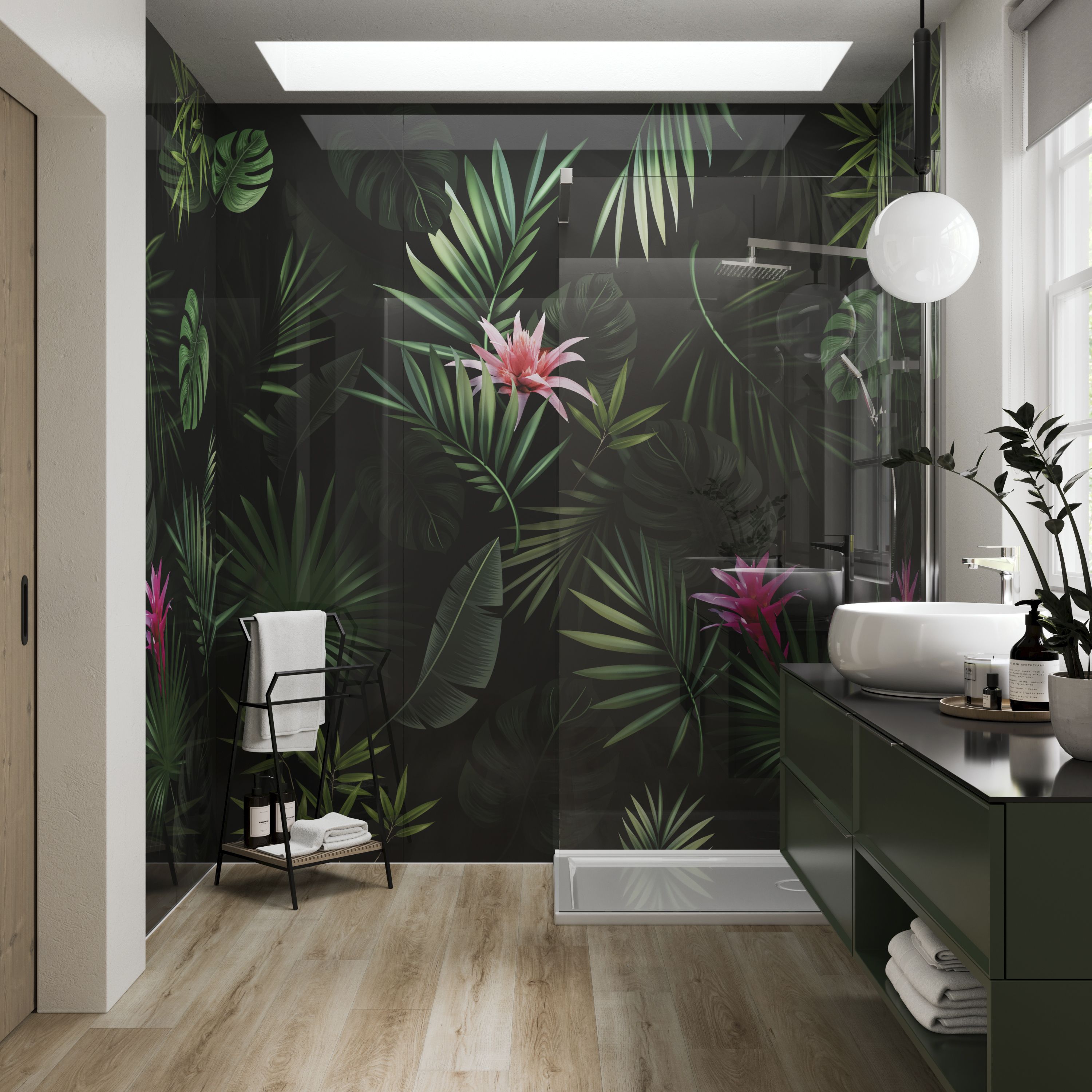 Stylepanel Acrylic Bathroom Decorative panel (H)2400mm (W)896mm - Gloss Green Bromeliad