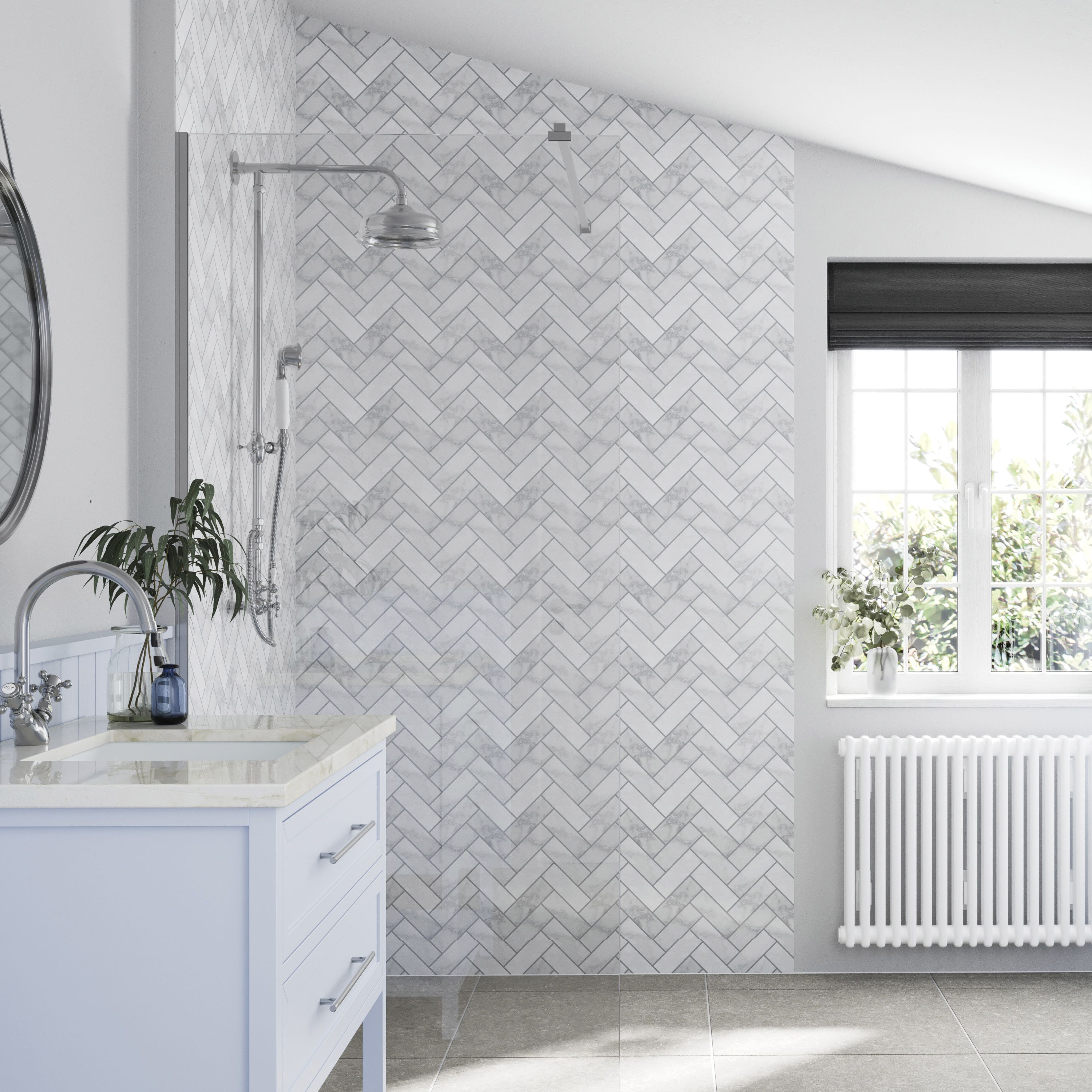 Stylepanel Acrylic Bathroom Decorative panel (H)2400mm (W)896mm - Gloss Grey Chevron