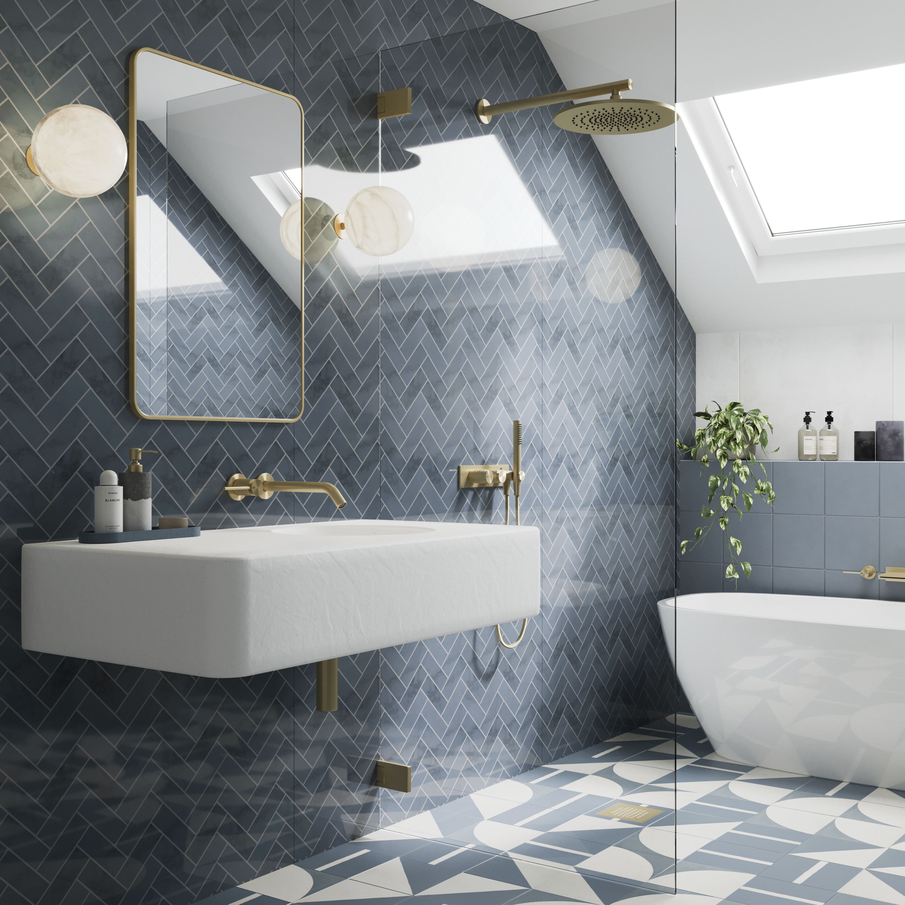 Stylepanel Acrylic Bathroom Decorative panel (H)2400mm (W)896mm - Gloss Navy Chevron