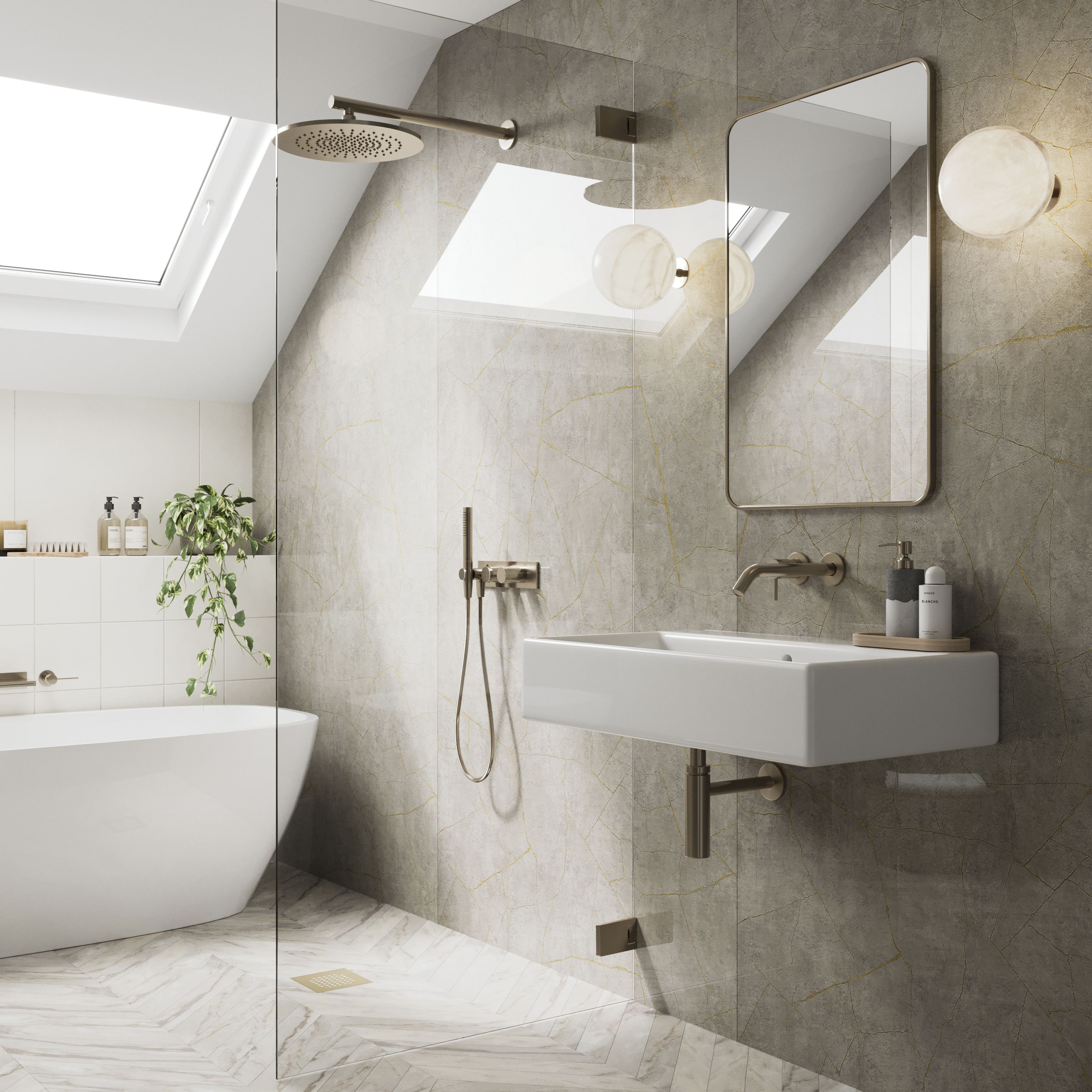 Stylepanel Laminated Bathroom Decorative panel (H)2440mm (W)1179mm - Gloss Grey Oro stone Metallic effect