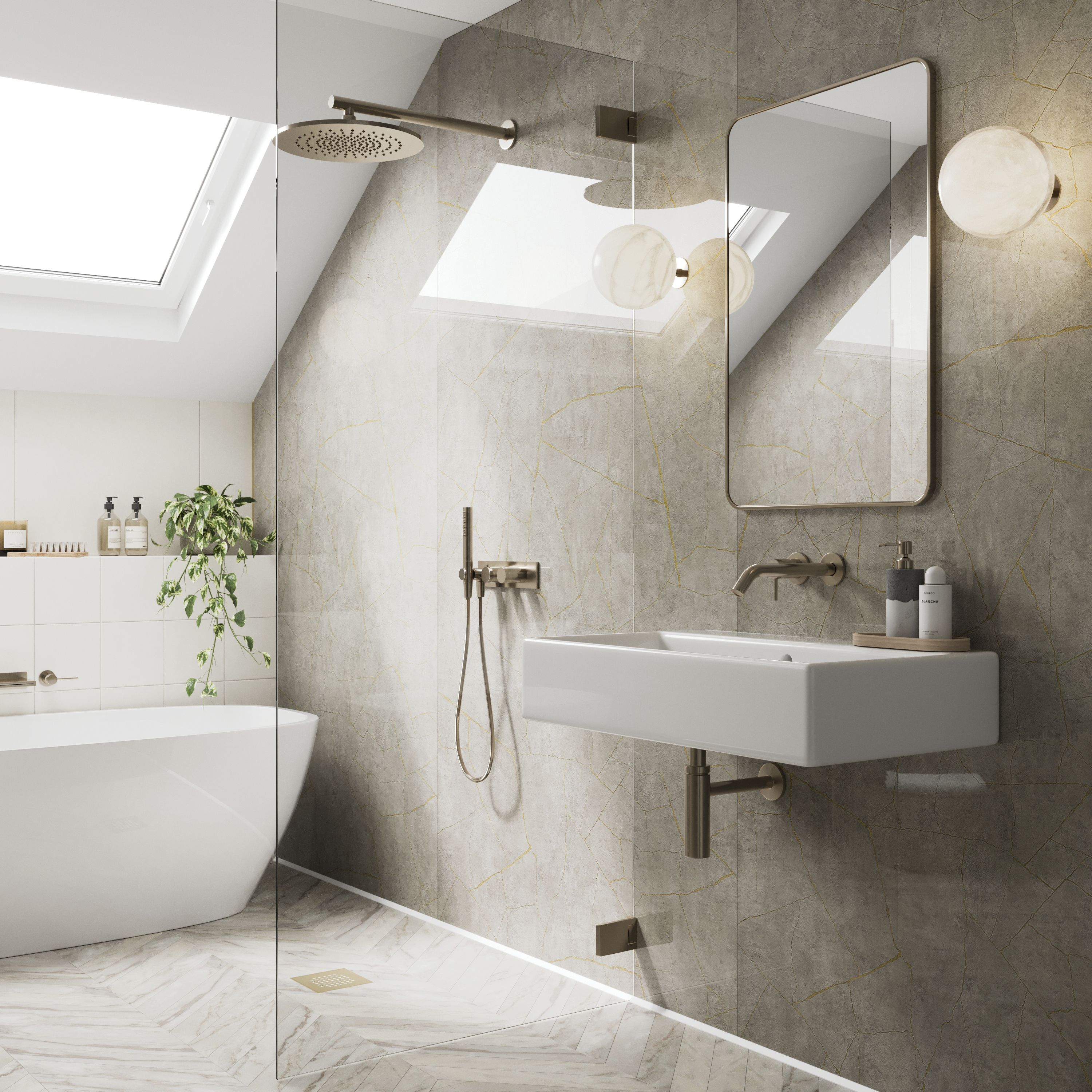 Stylepanel Laminated Bathroom Decorative panel (H)2440mm (W)1179mm - Gloss Grey Oro stone Metallic effect