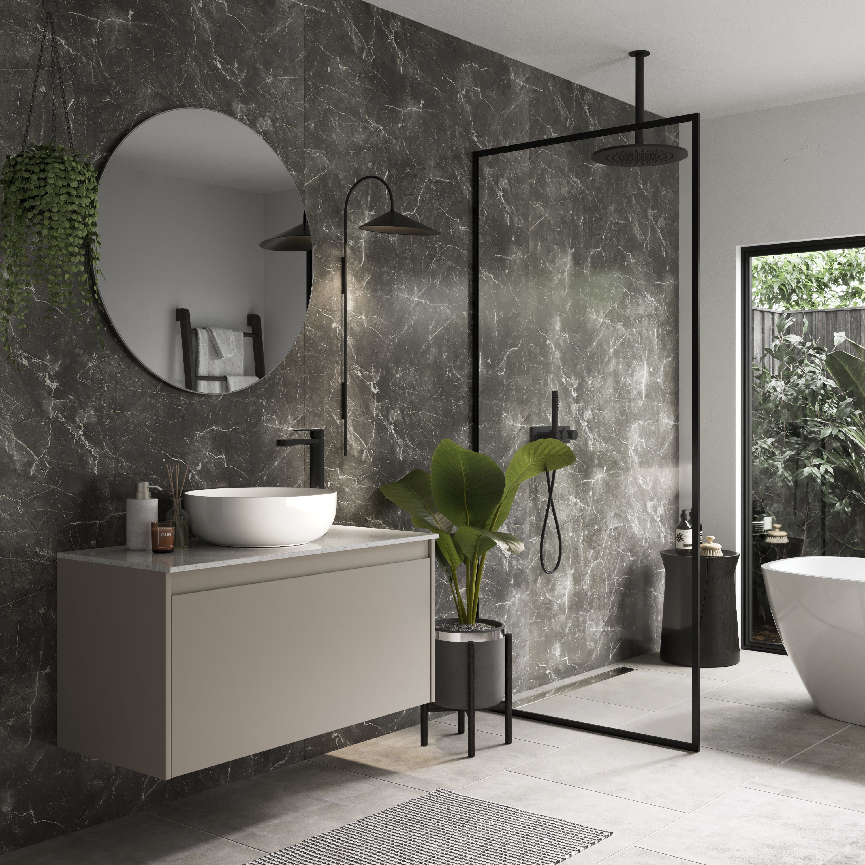 Stylepanel Laminated Bathroom Decorative panel (H)2440mm (W)1179mm - Matt Black & white Soapstone Marble effect