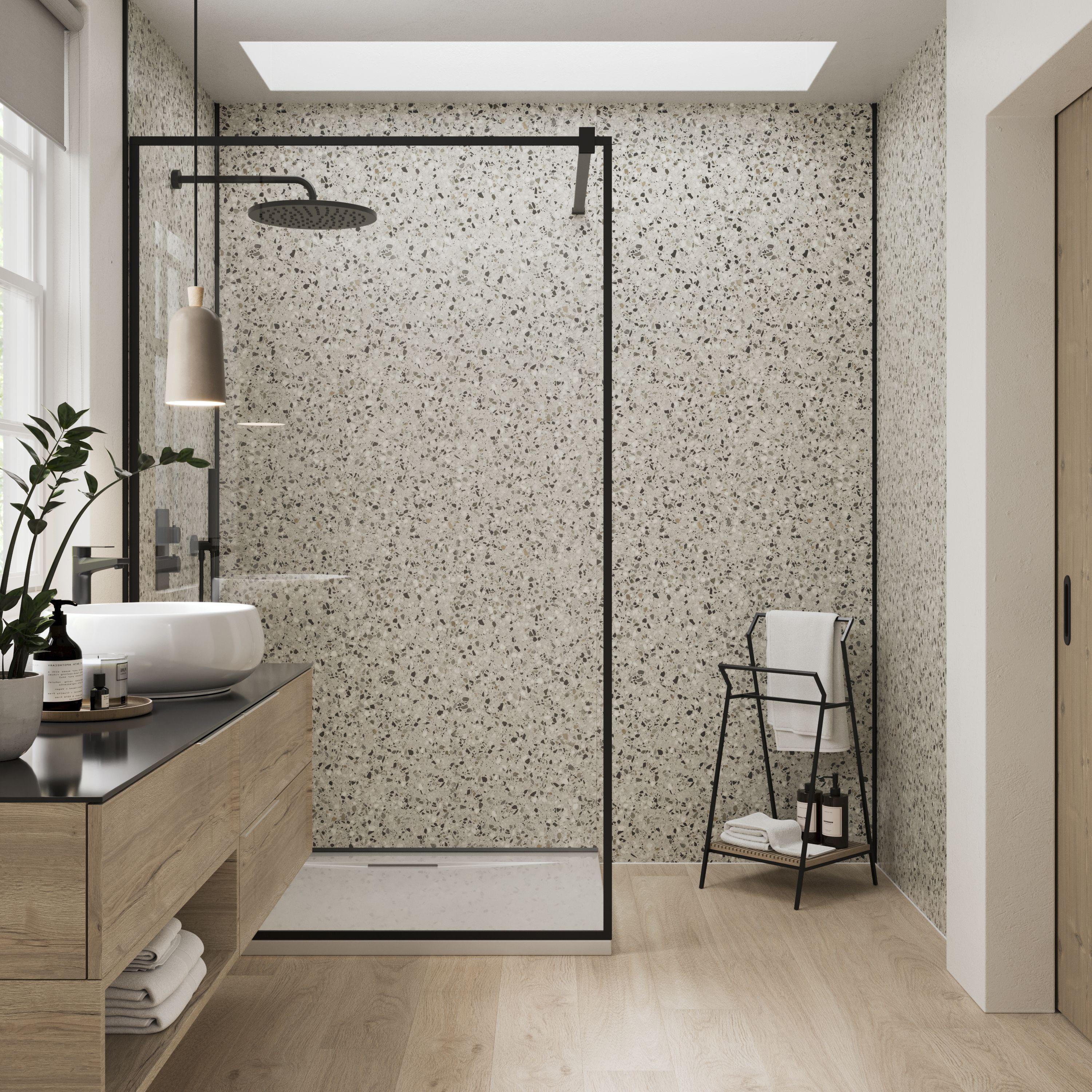 Stylepanel Laminated Bathroom Decorative panel (H)2440mm (W)1179mm - Matt Grey Terrazzo grigio
