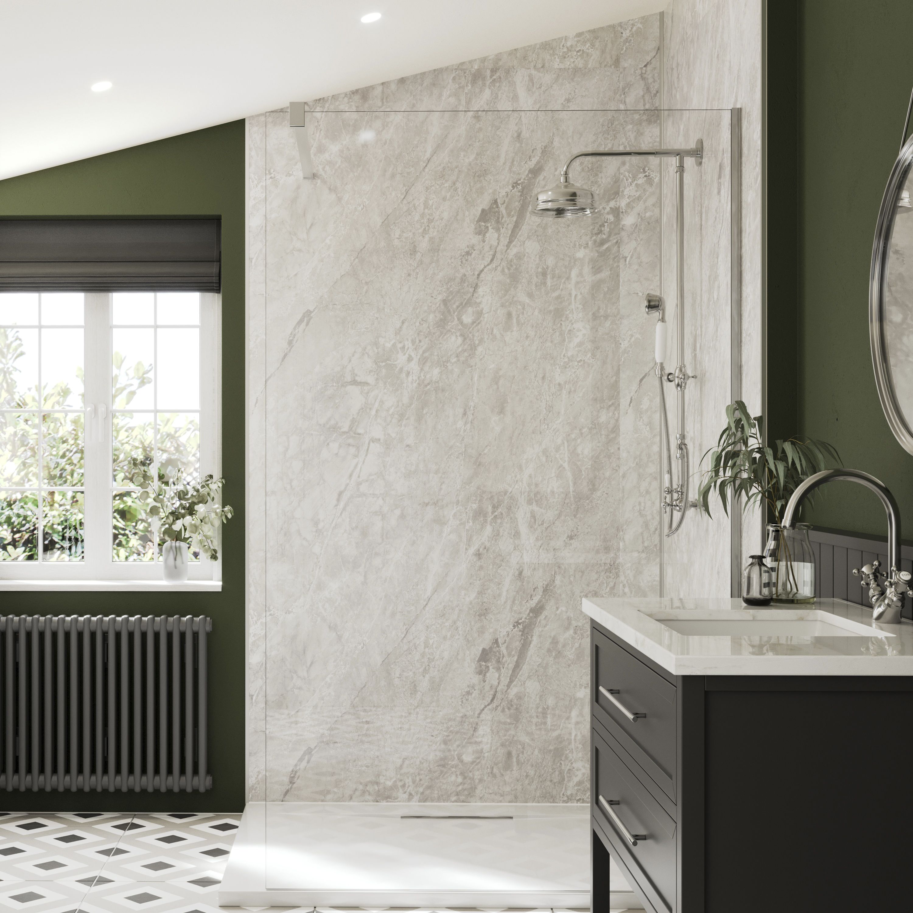 Stylepanel Laminated Bathroom Decorative panel (H)2440mm (W)1179mm - Matt Grey Tundra Marble effect