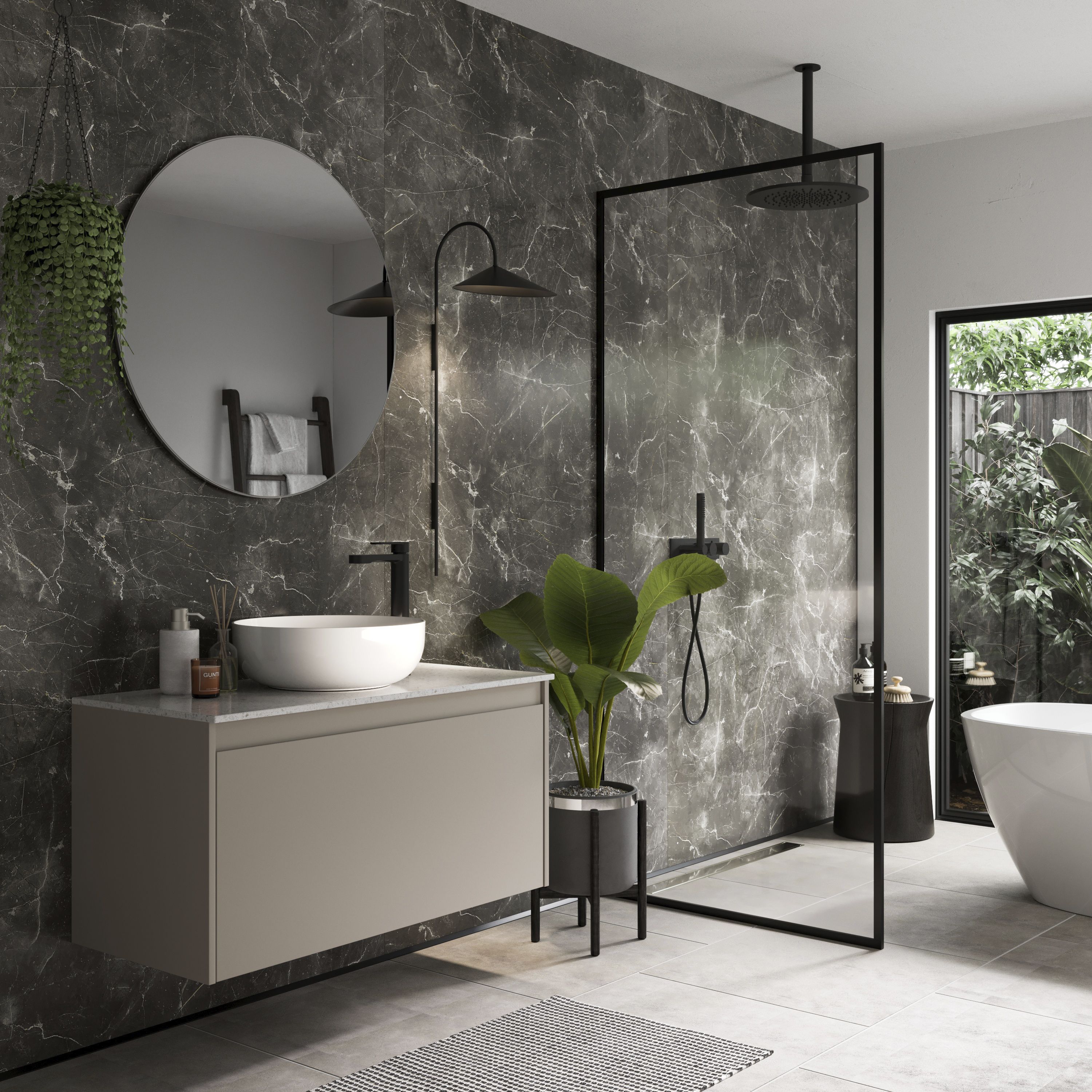 Stylepanel Laminated Bathroom Decorative panel (H)2440mm (W)900mm - Matt Black & white Soapstone Marble effect