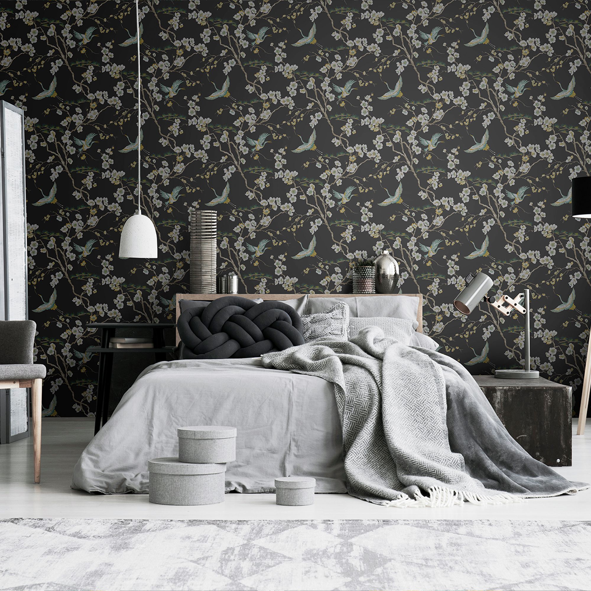 Sublime Japan Black & green Metallic effect Floral Smooth Wallpaper