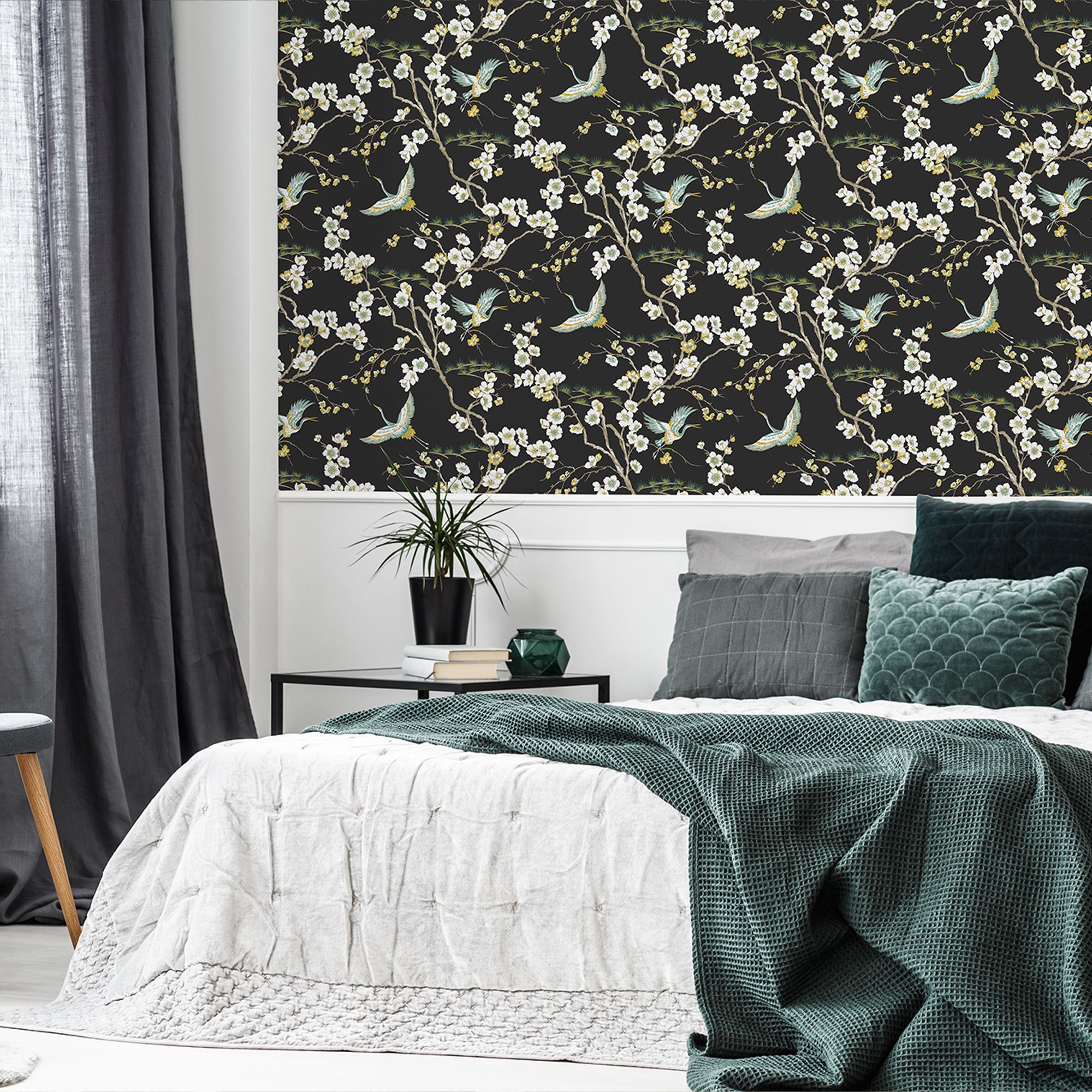 Sublime Japan Black & green Metallic effect Floral Smooth Wallpaper