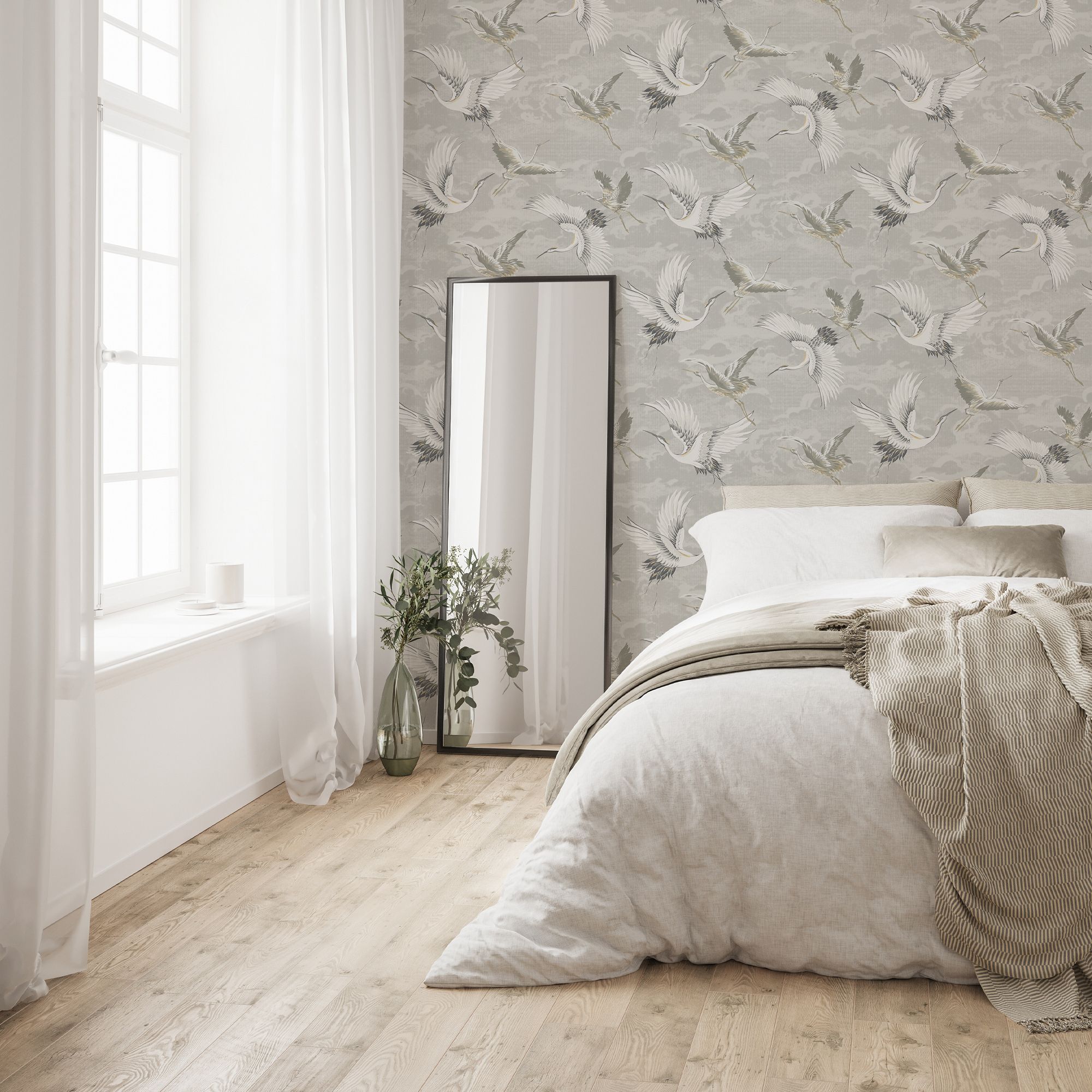 Sublime Neutral Birds Patterned Textured Wallpaper