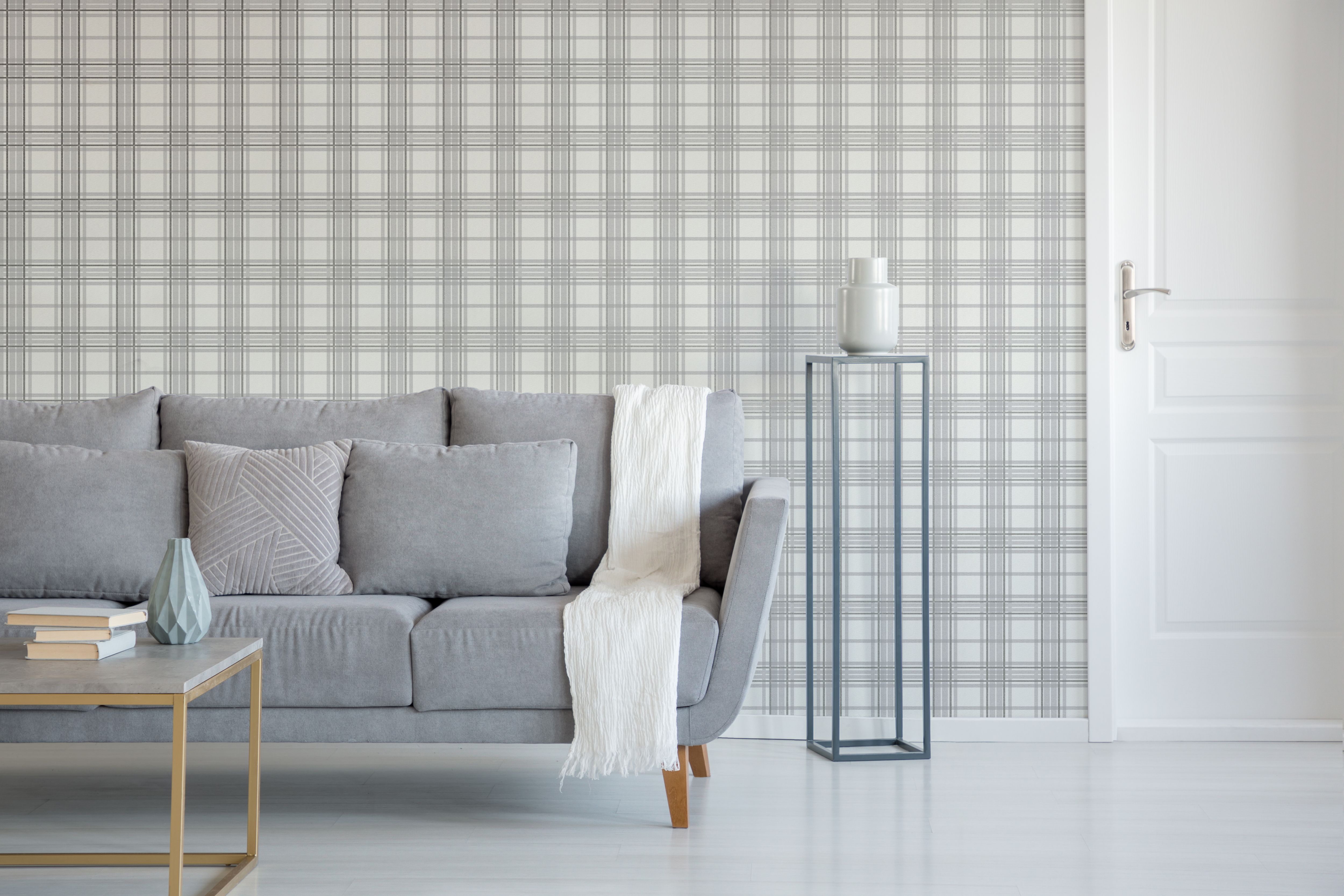 Superfresco Easy Country tartan Grey Metallic effect Embossed Wallpaper Sample