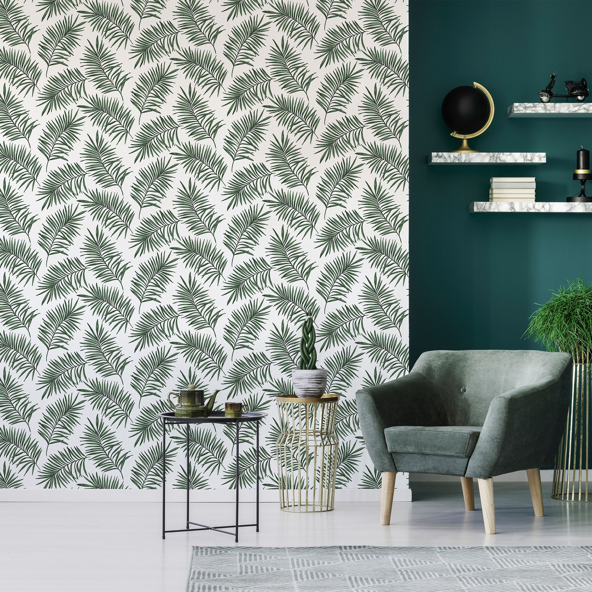 Superfresco Easy Scandi Green & white Leaves Smooth Wallpaper