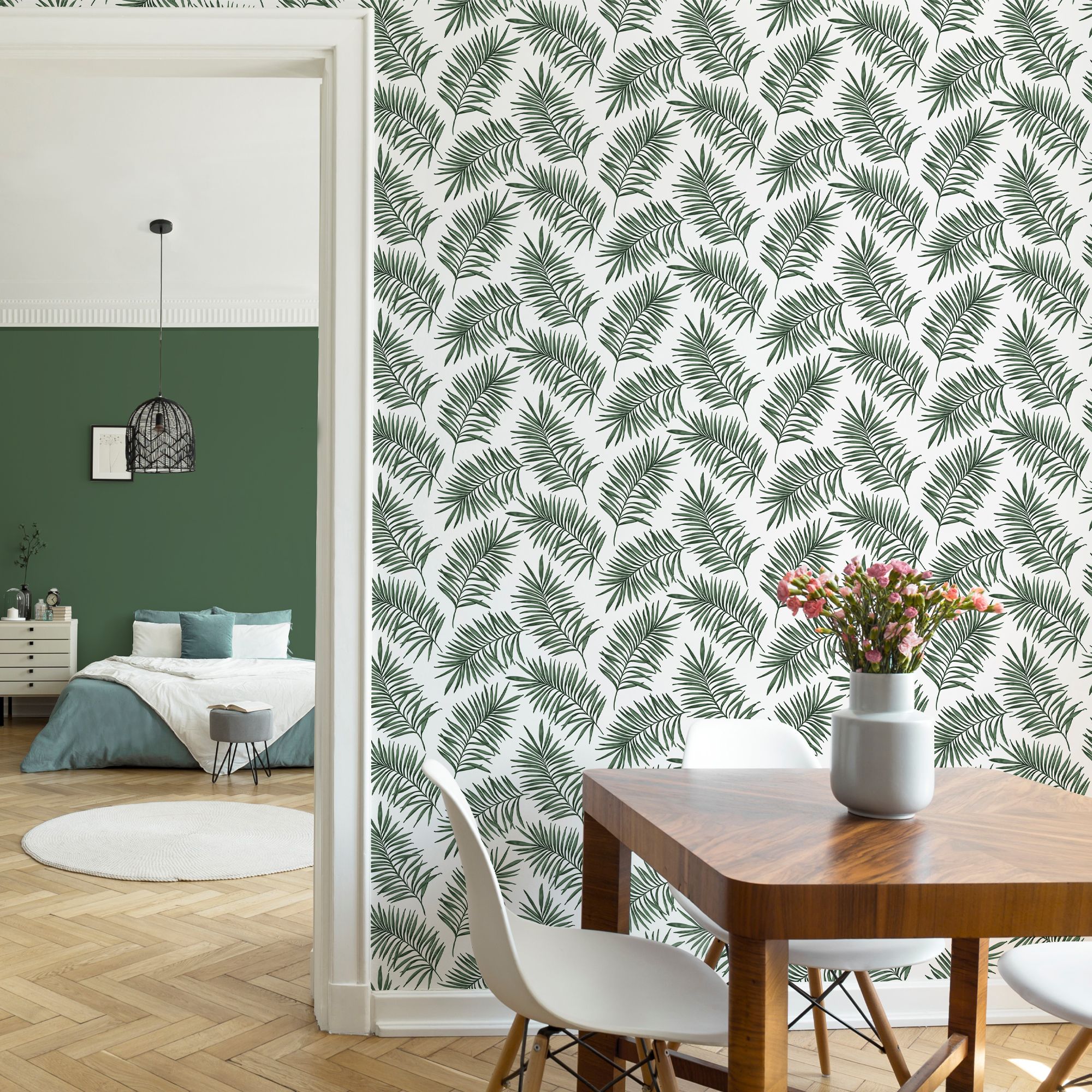 Superfresco Easy Scandi Green & white Leaves Smooth Wallpaper
