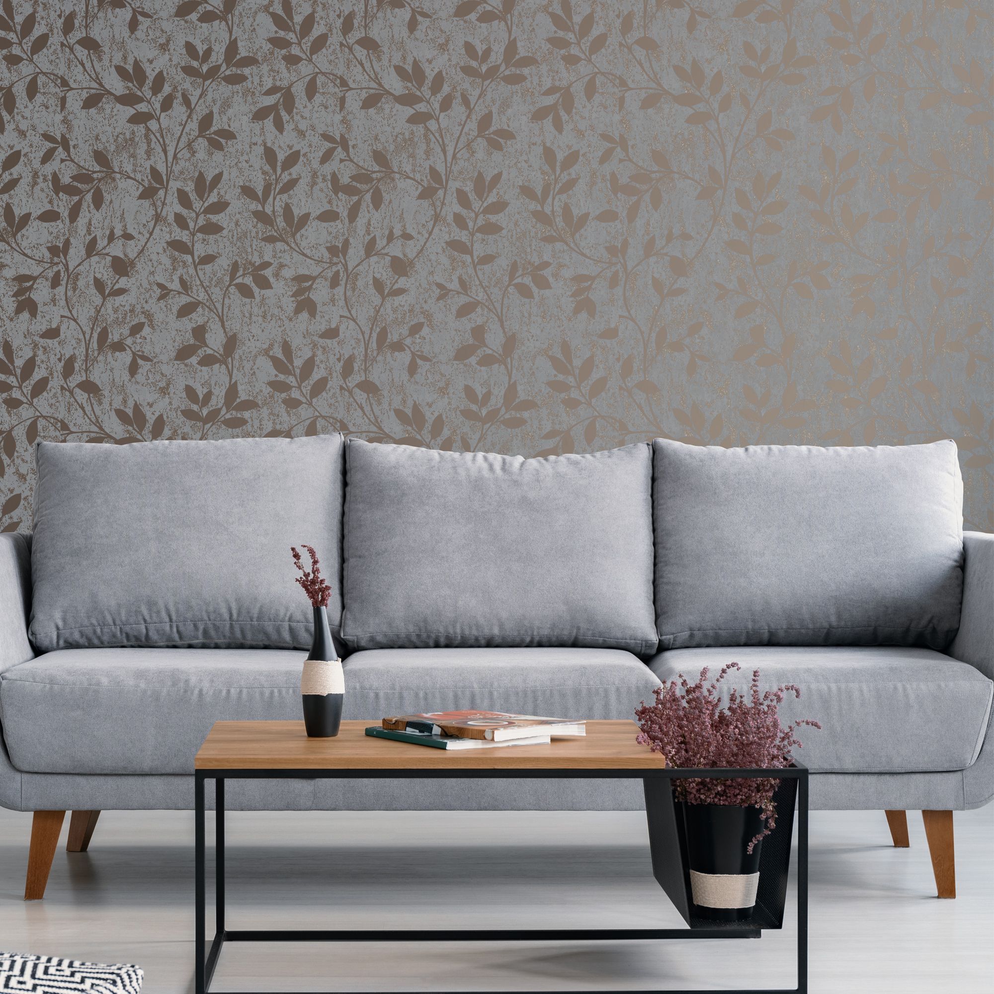 Superfresco Milan Grey Rose gold effect Trail Smooth Wallpaper