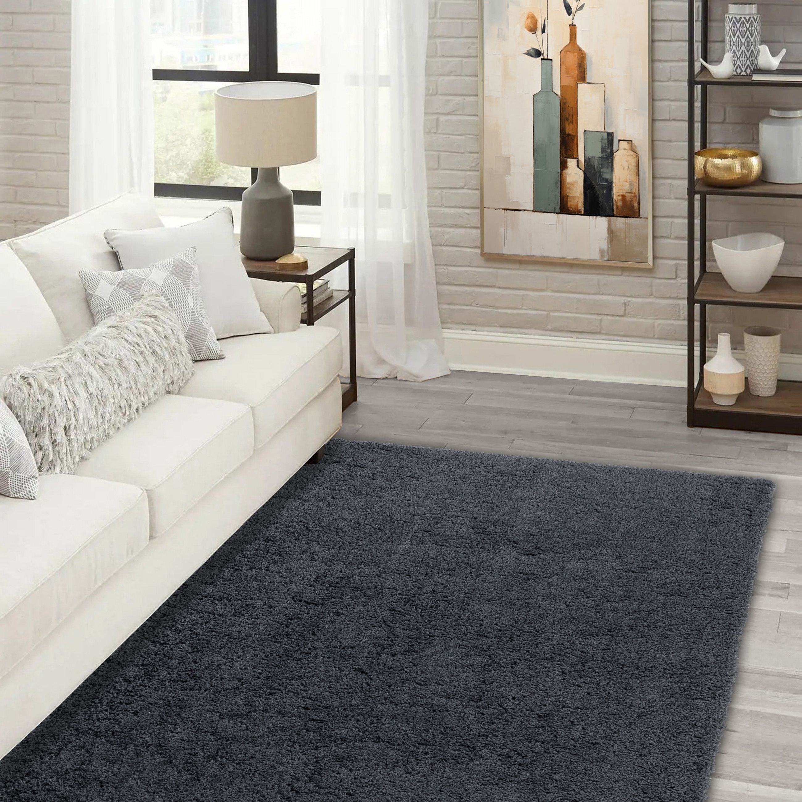 Supersoft Charcoal Plain Medium Rug, (L)170cm x (W)120cm