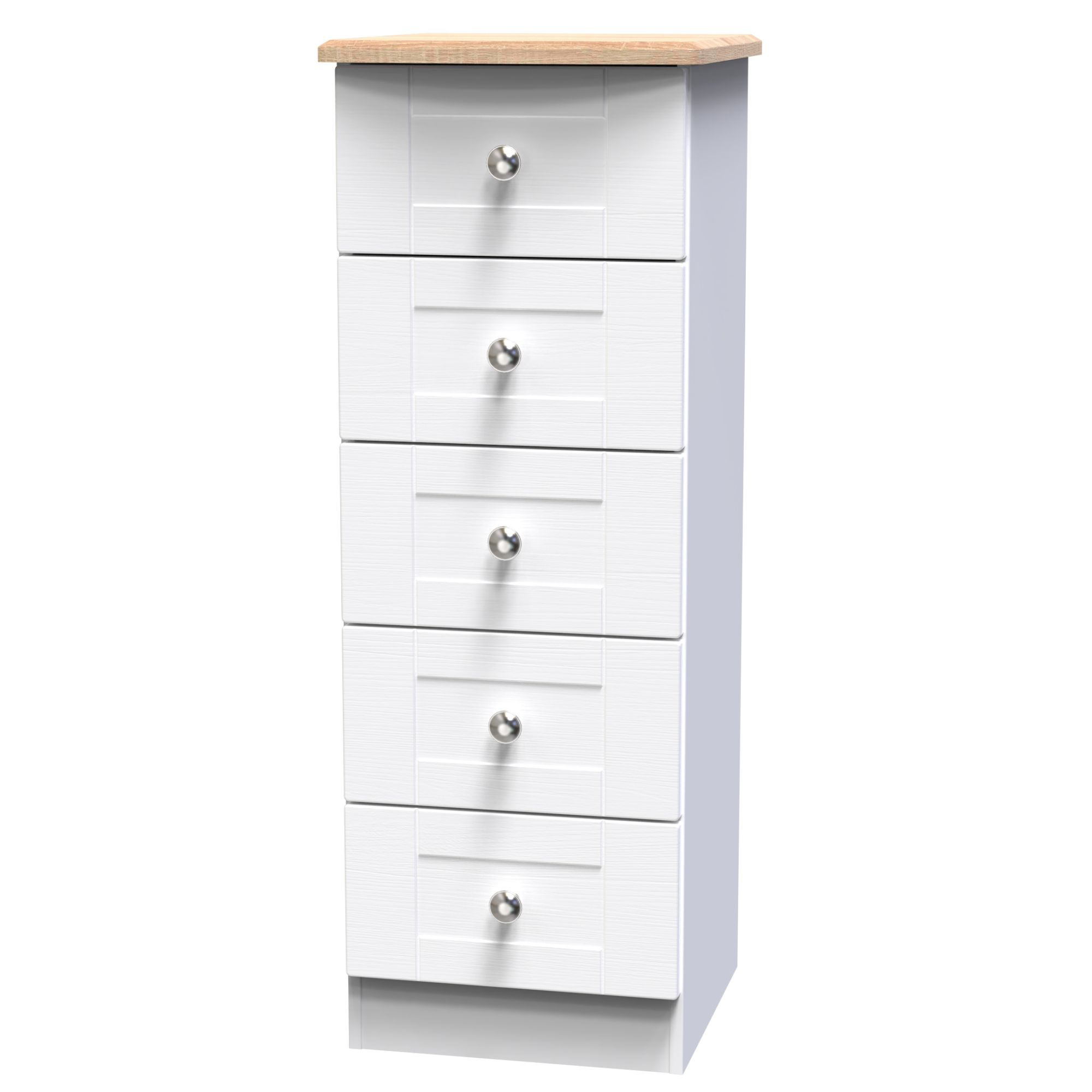 Sussex Ready assembled Matt white & oak 5 Drawer Wide Bedside chest (H)1074mm (W)395mm (D)411mm