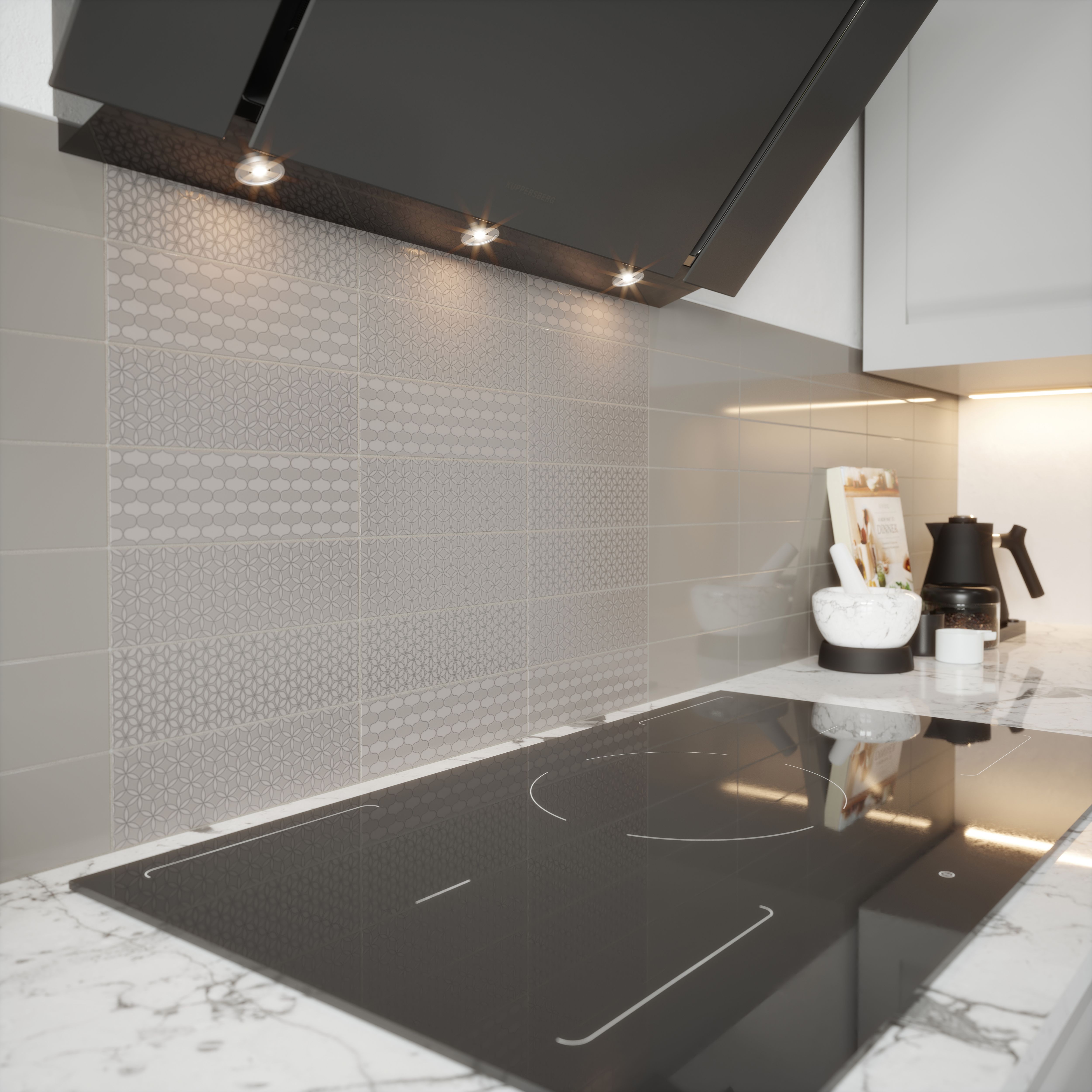 Tangier Grey Gloss Patterned Ceramic Wall Tile, Pack of 54, (L)245mm (W)75mm