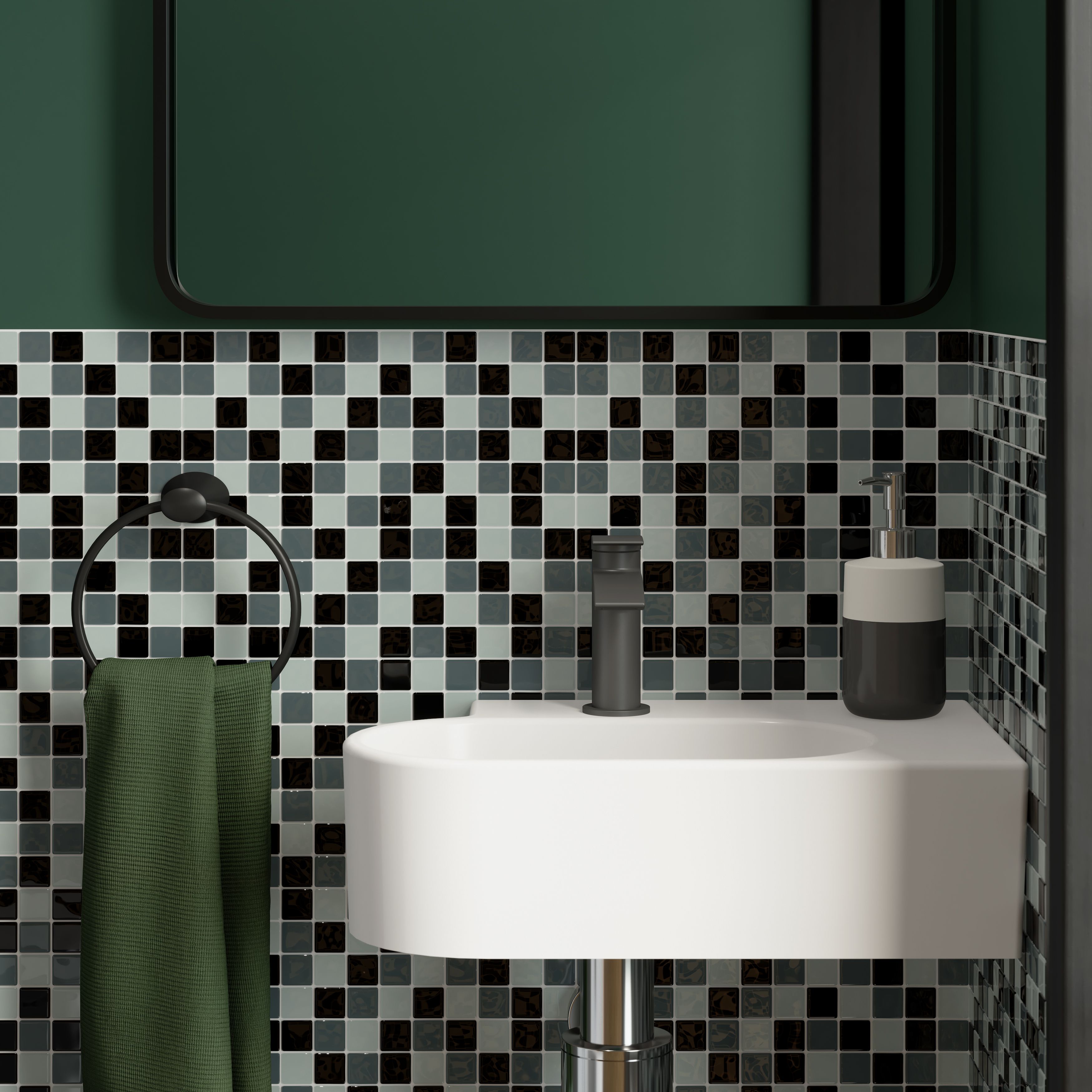 Tarente Black, grey & white Glass Mosaic tile, (L)300mm (W)300mm