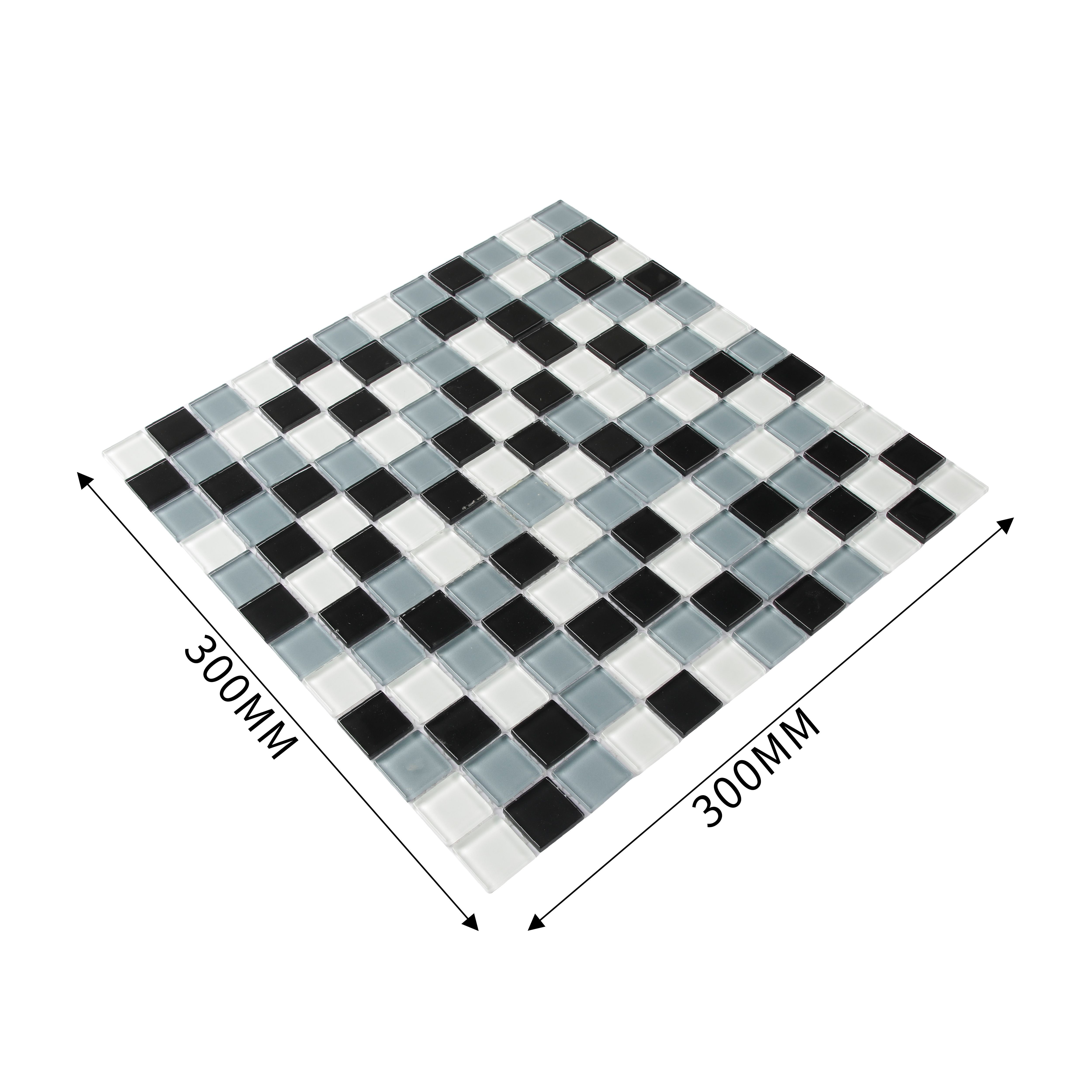 Tarente Black, grey & white Glass Mosaic tile, (L)300mm (W)300mm