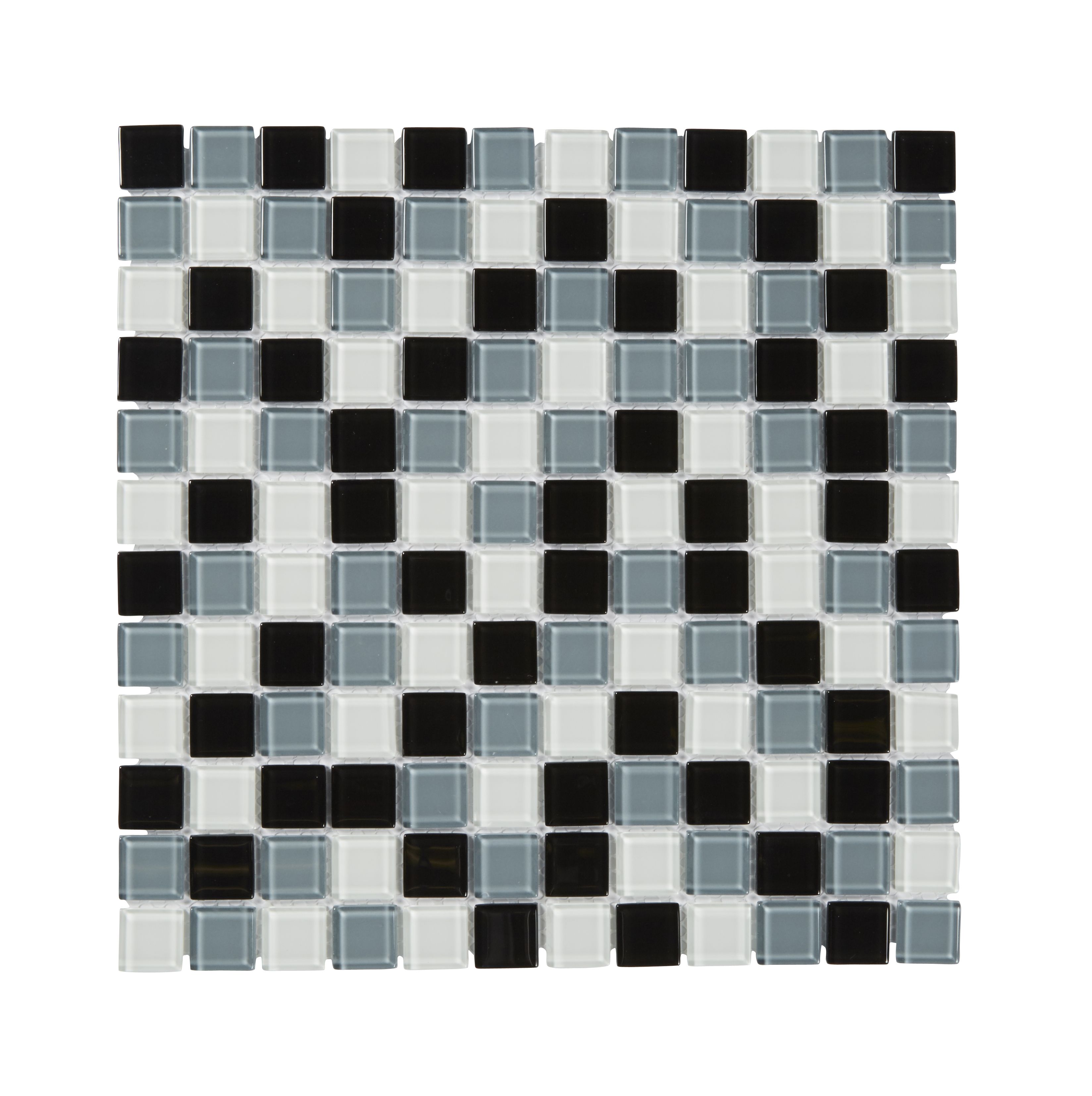 Tarente Black, grey & white Glass Mosaic tile, (L)300mm (W)300mm