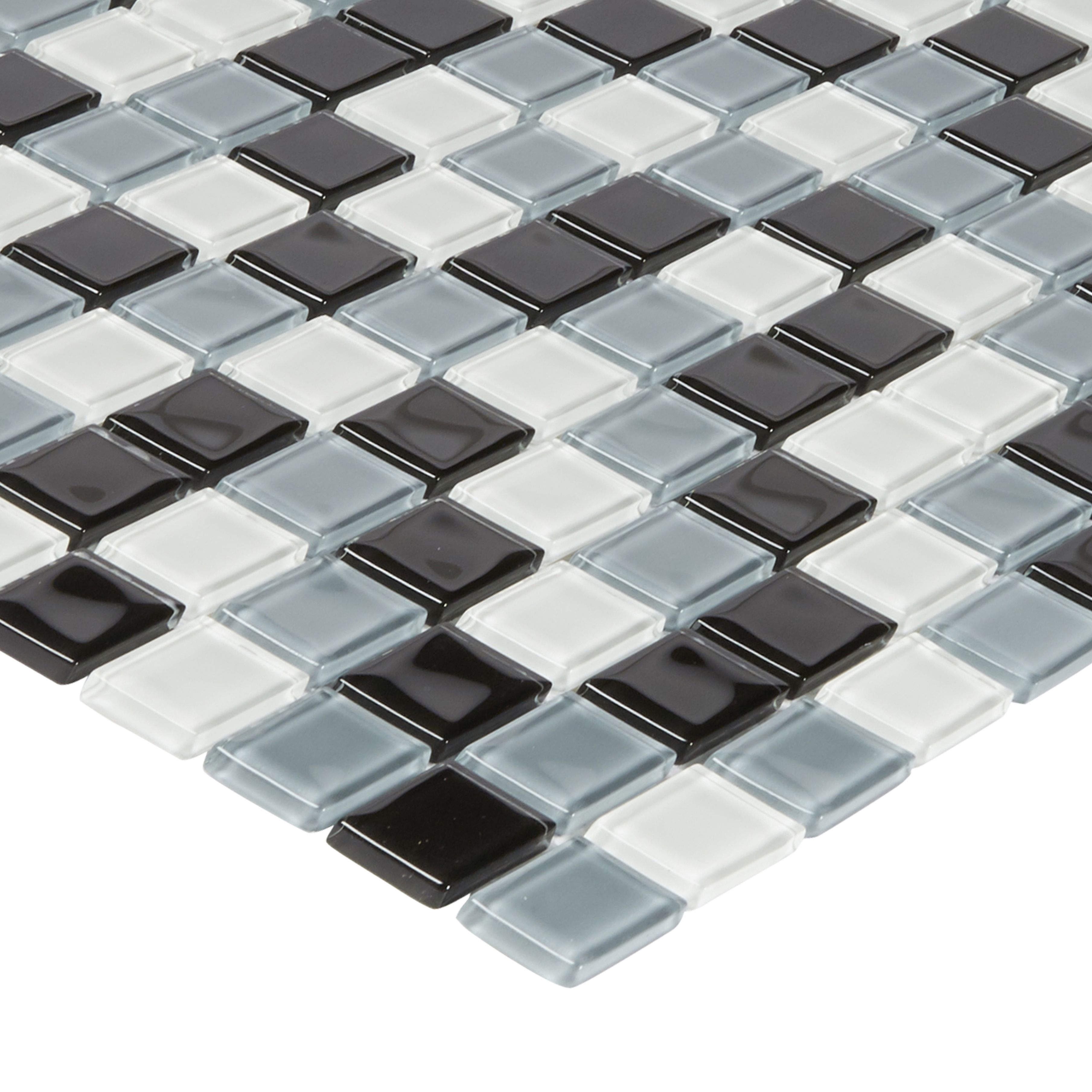 Tarente Black, grey & white Glass Mosaic tile, (L)300mm (W)300mm