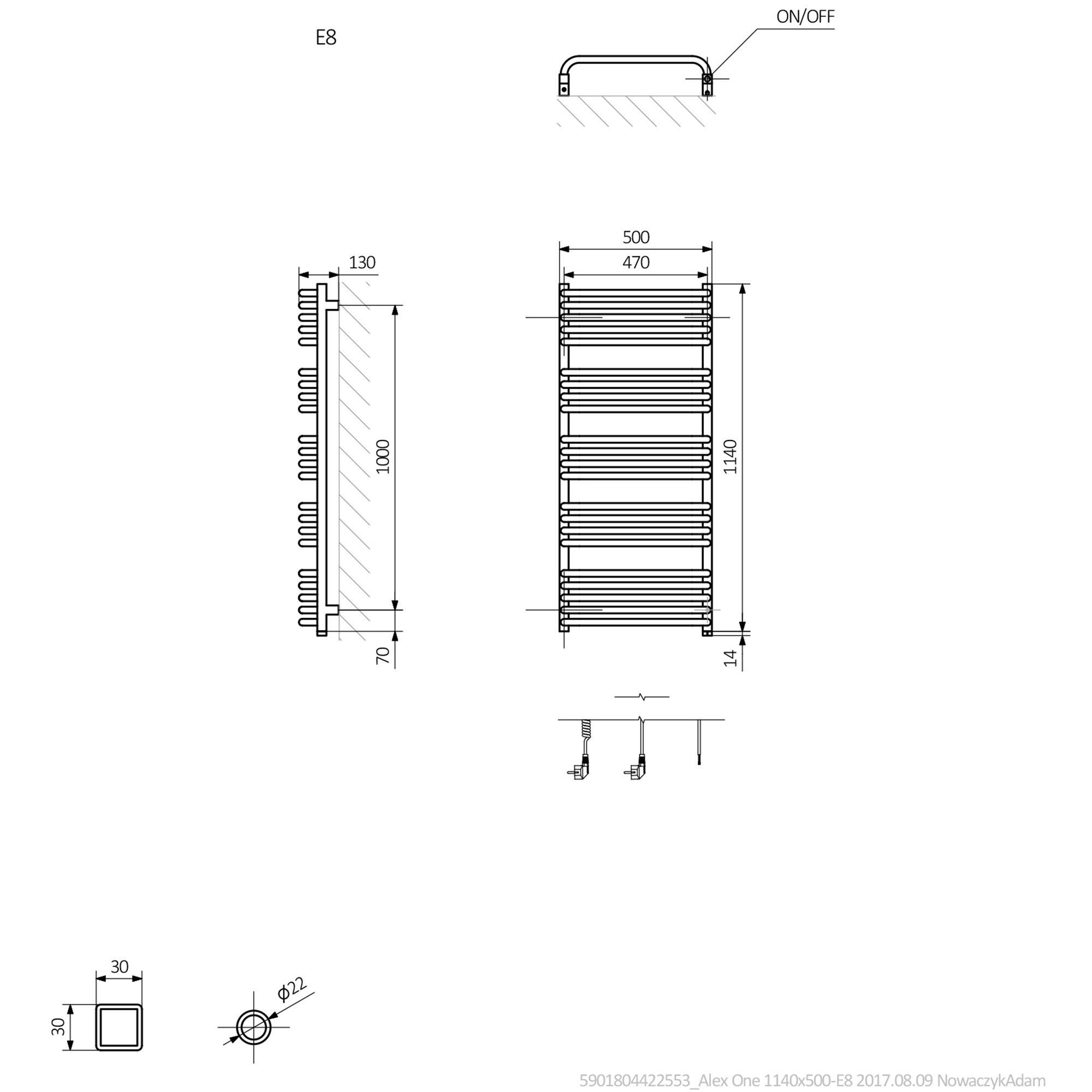 Terma Alex ONE Modern grey Towel warmer (W)500mm x (H)1140mm