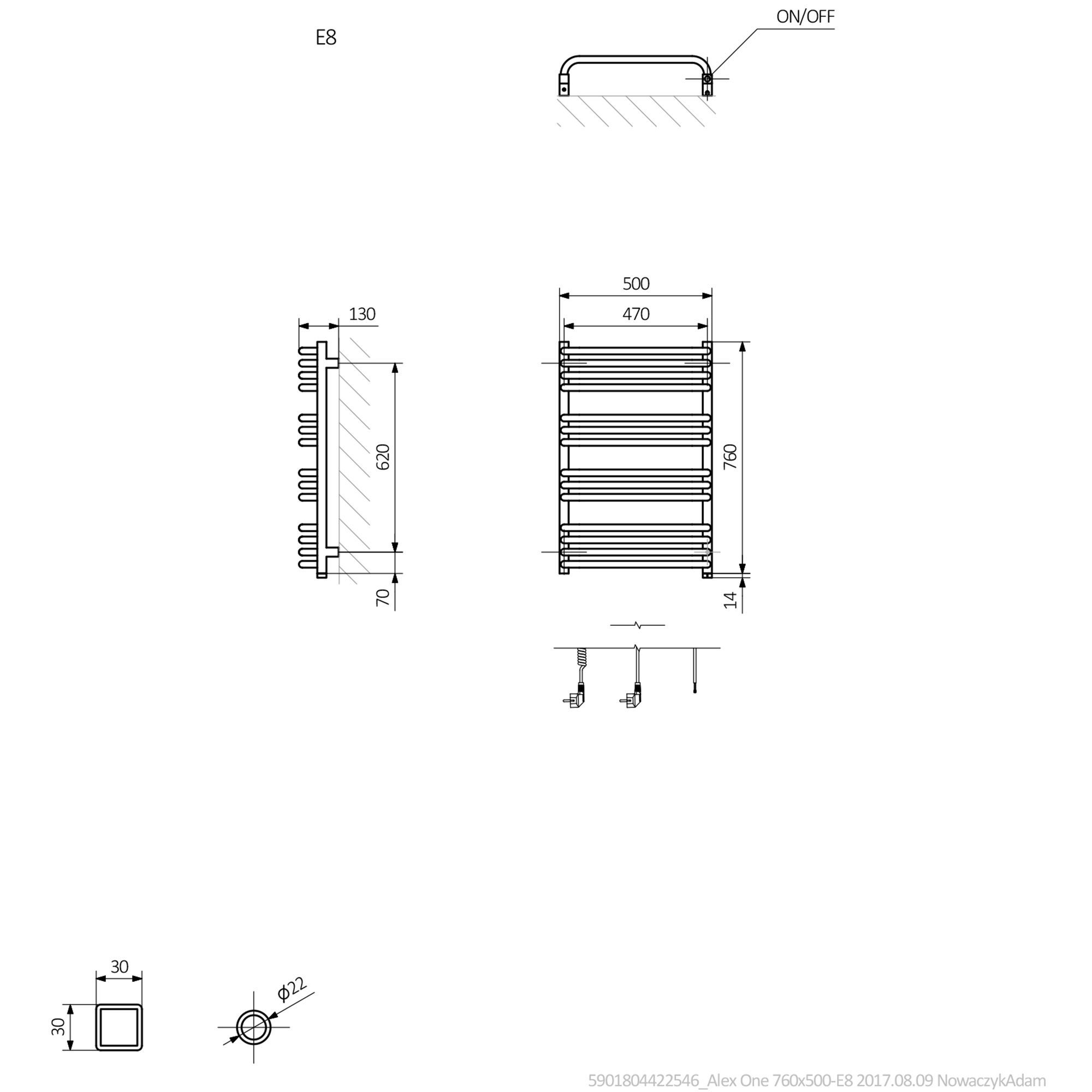 Terma Alex ONE Modern grey Towel warmer (W)500mm x (H)760mm