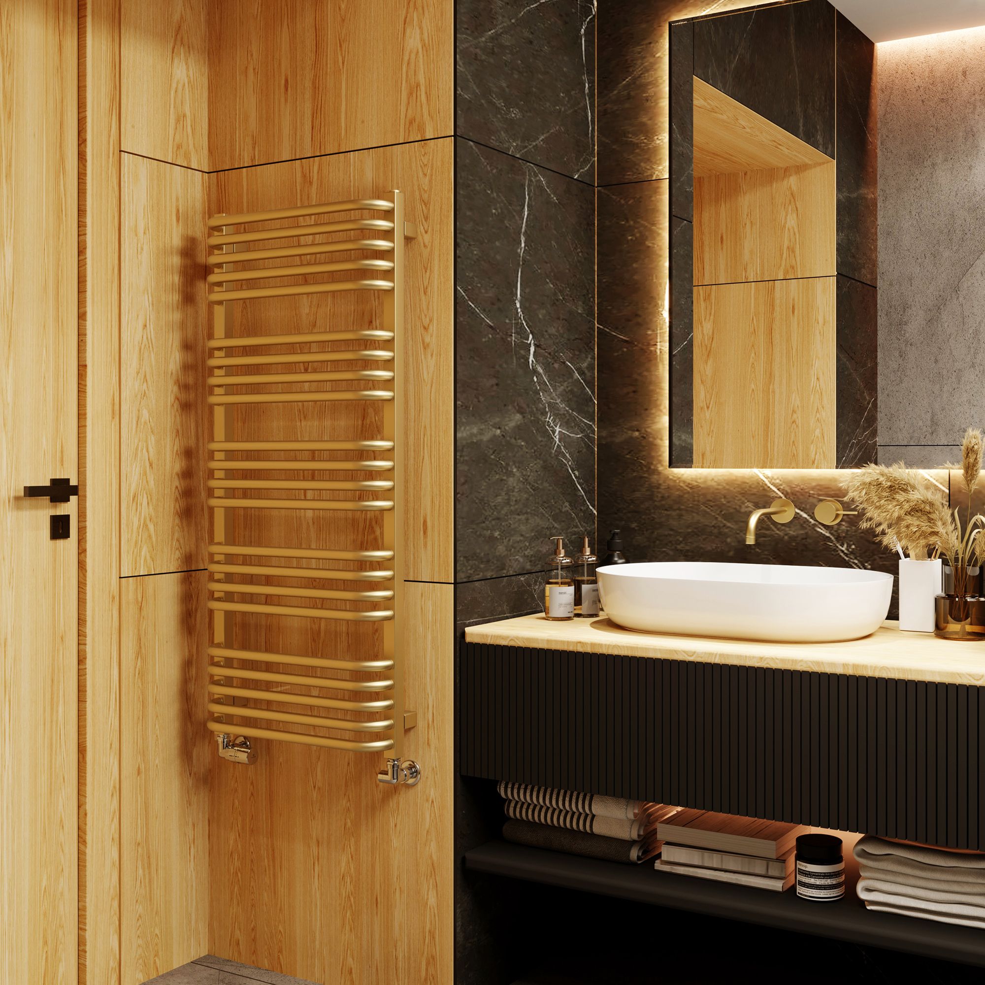 Terma Alex T-Rail Brass effect Flat Towel warmer (W)500mm x (H)1140mm