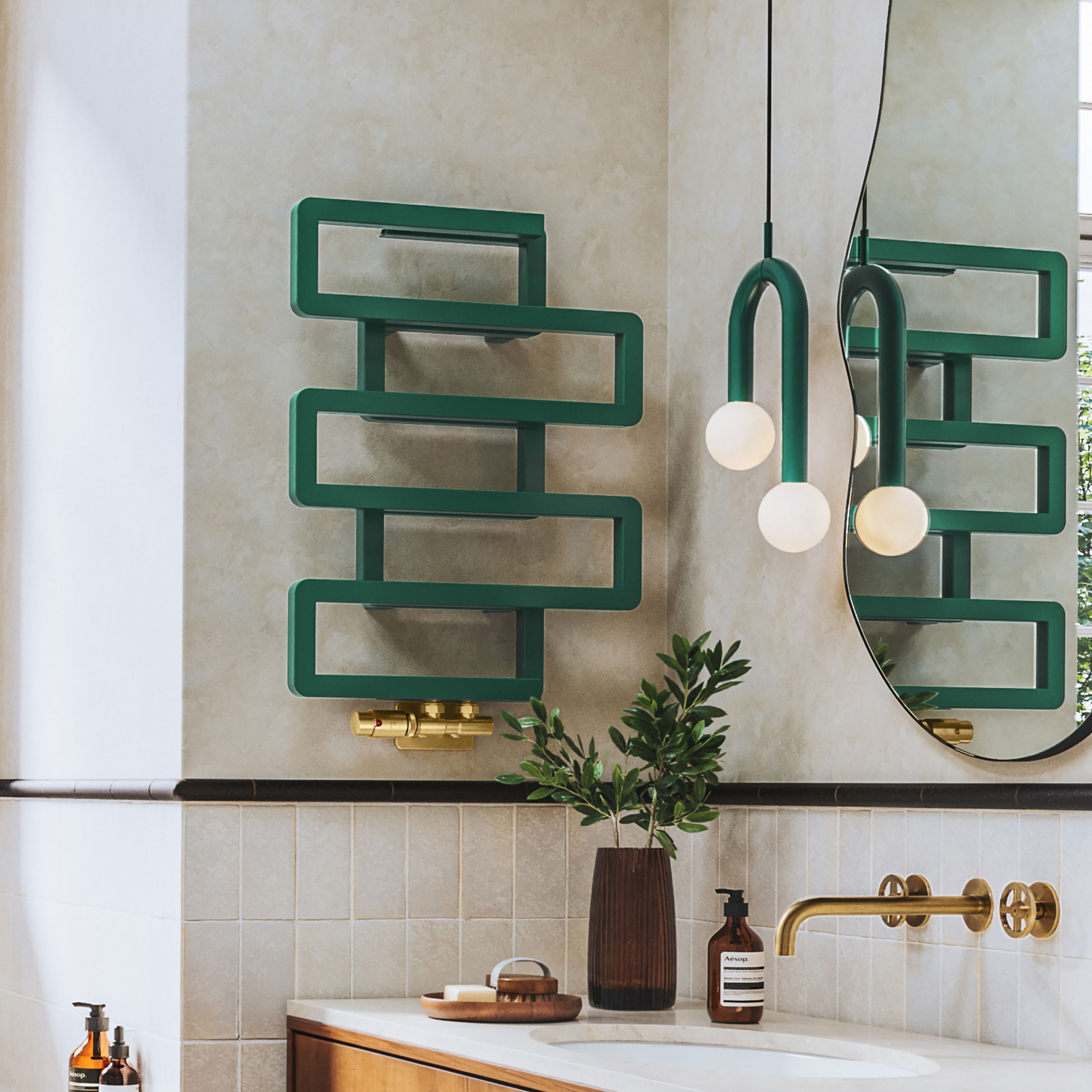 Terma Bookie Green 1278BTU Vertical Towel radiator (W)500mm x (H)655mm