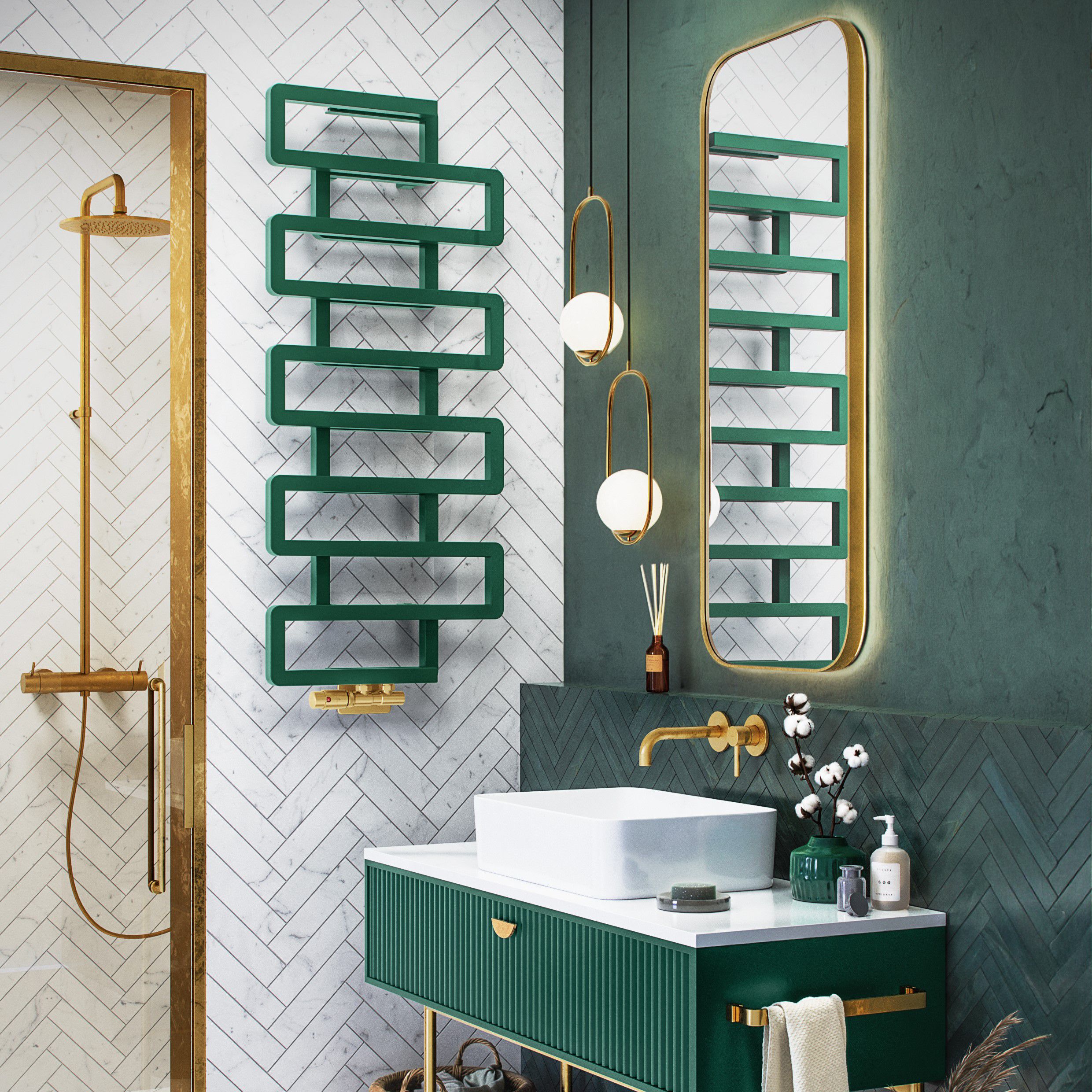 Terma Bookie Green 2110BTU Vertical Towel radiator (W)500mm x (H)1155mm