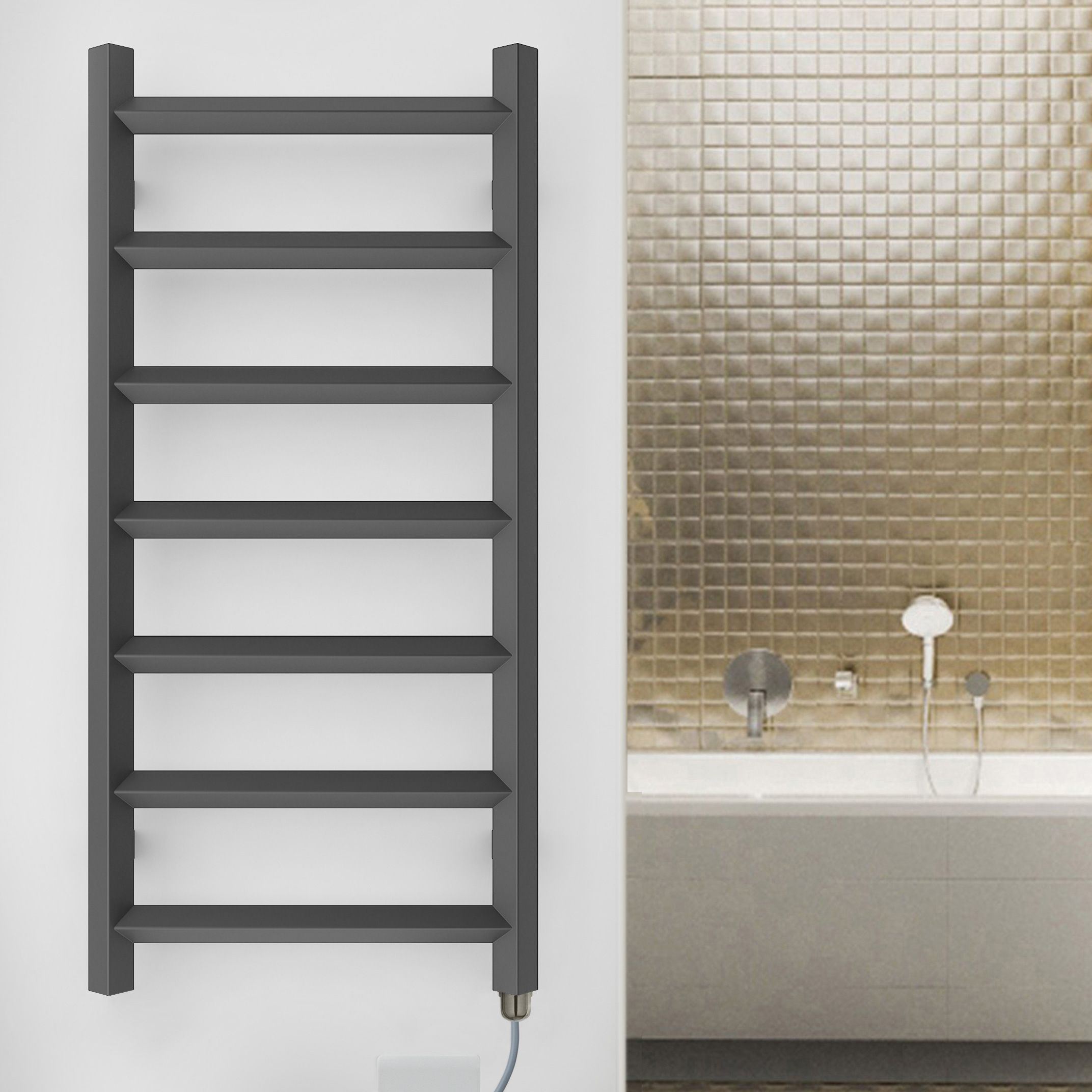 Terma Crystal Matt modern grey Oil-filled 682BTU Electric towel radiator (H) 840mm x (W) 400mm