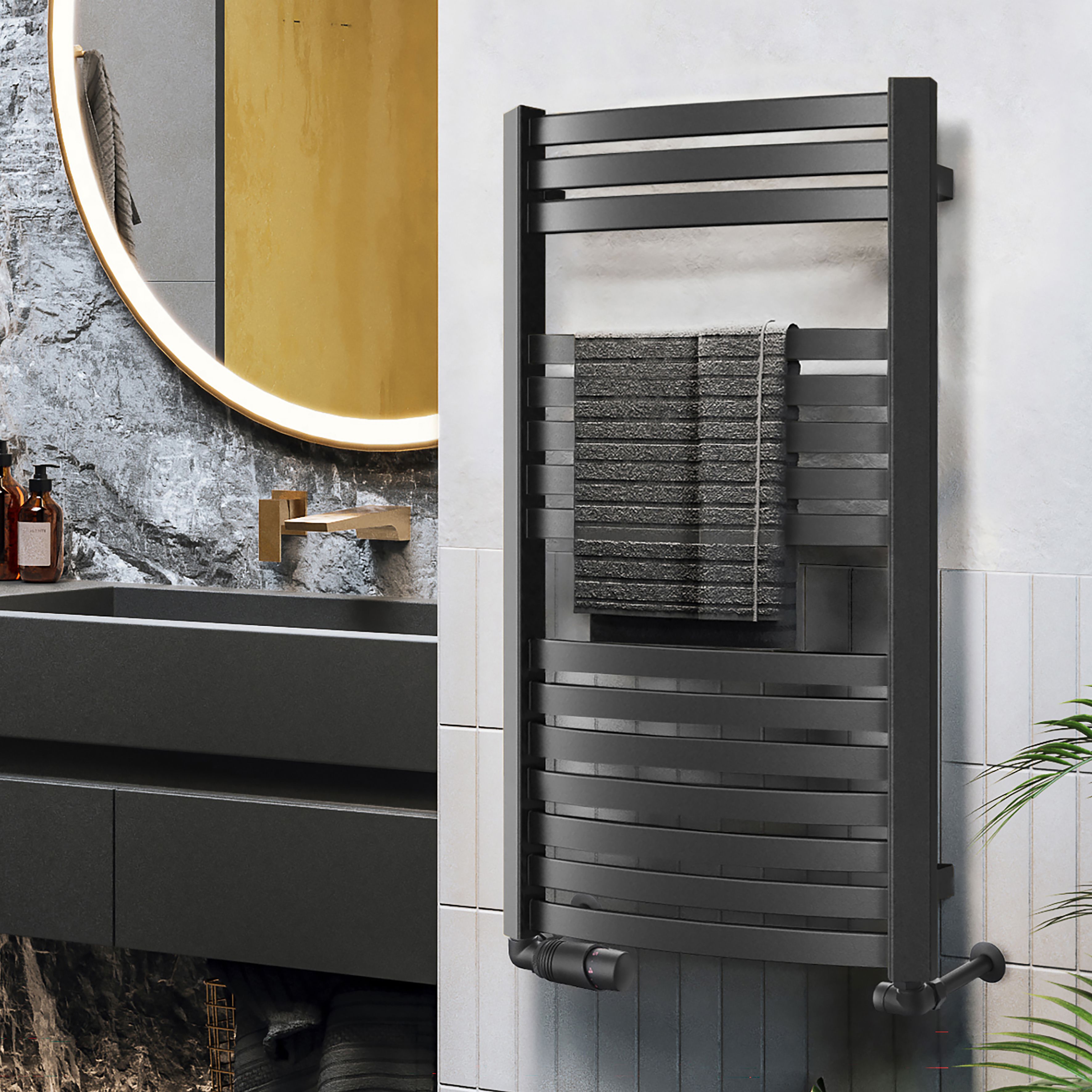 Terma Dexter Black 1102BTU Vertical Towel radiator (W)400mm x (H)860mm