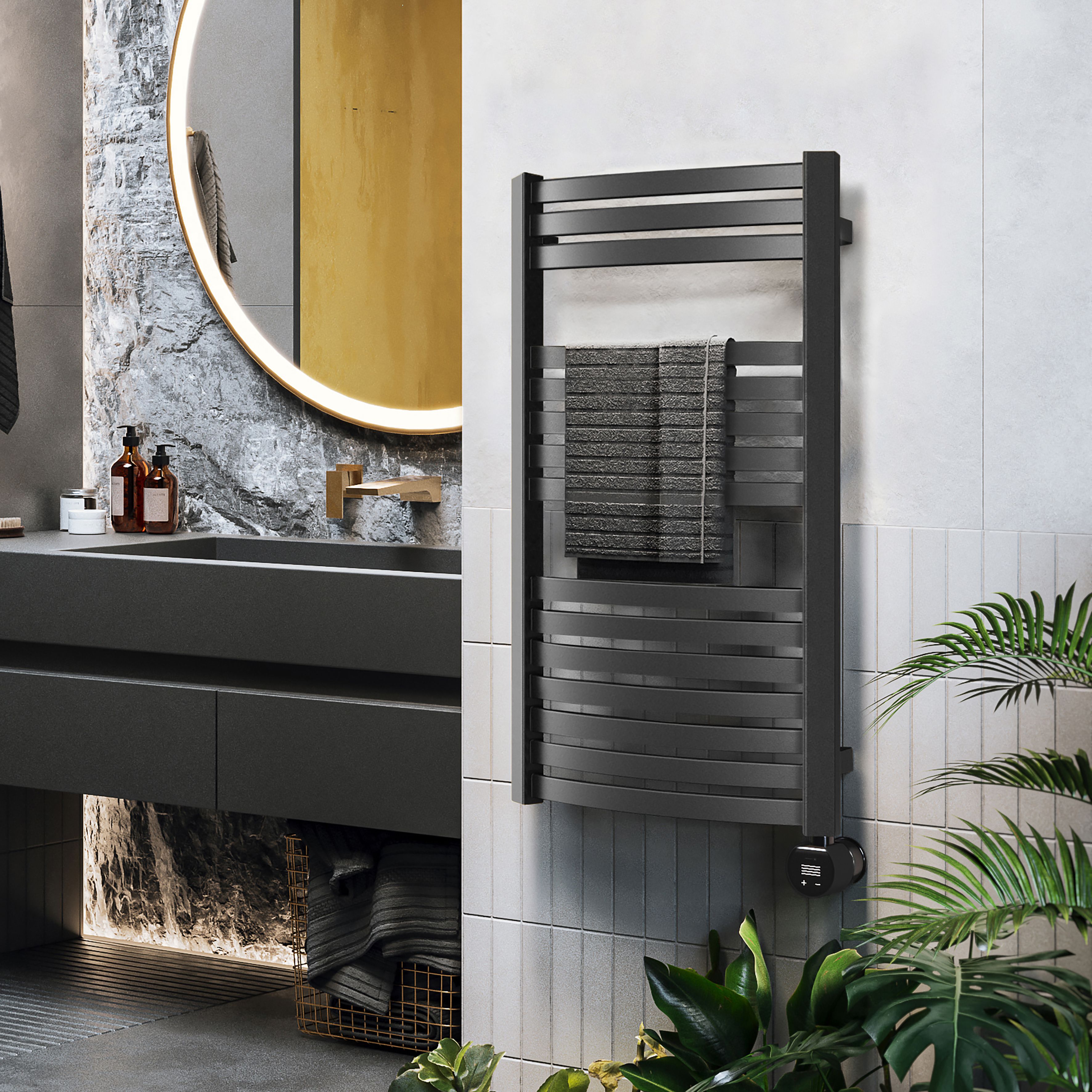Terma Dexter Matt black Oil-filled 1023BTU Electric towel radiator (H) 860mm x (W) 400mm