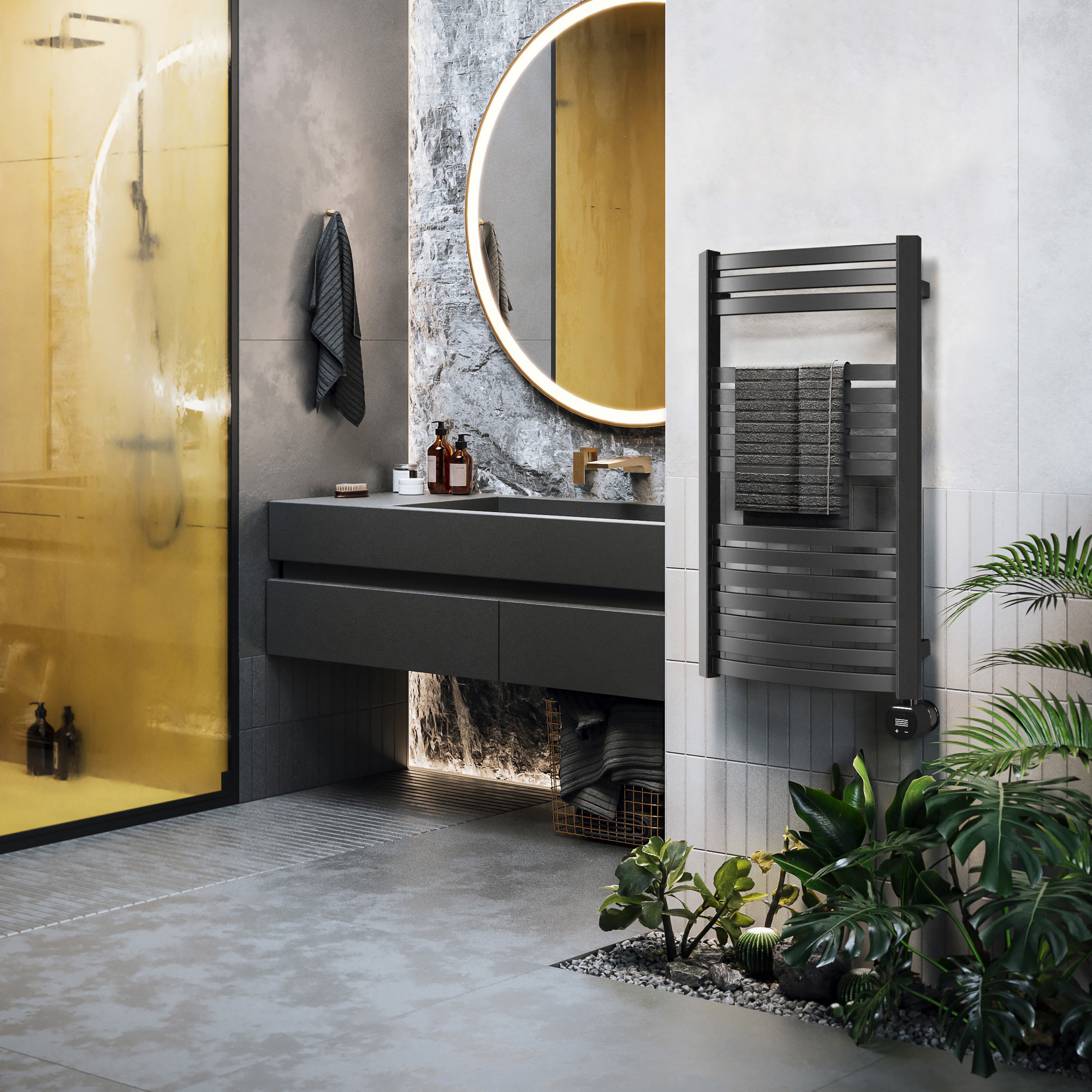 Terma Dexter Matt black Oil-filled 1023BTU Electric towel radiator (H) 860mm x (W) 400mm