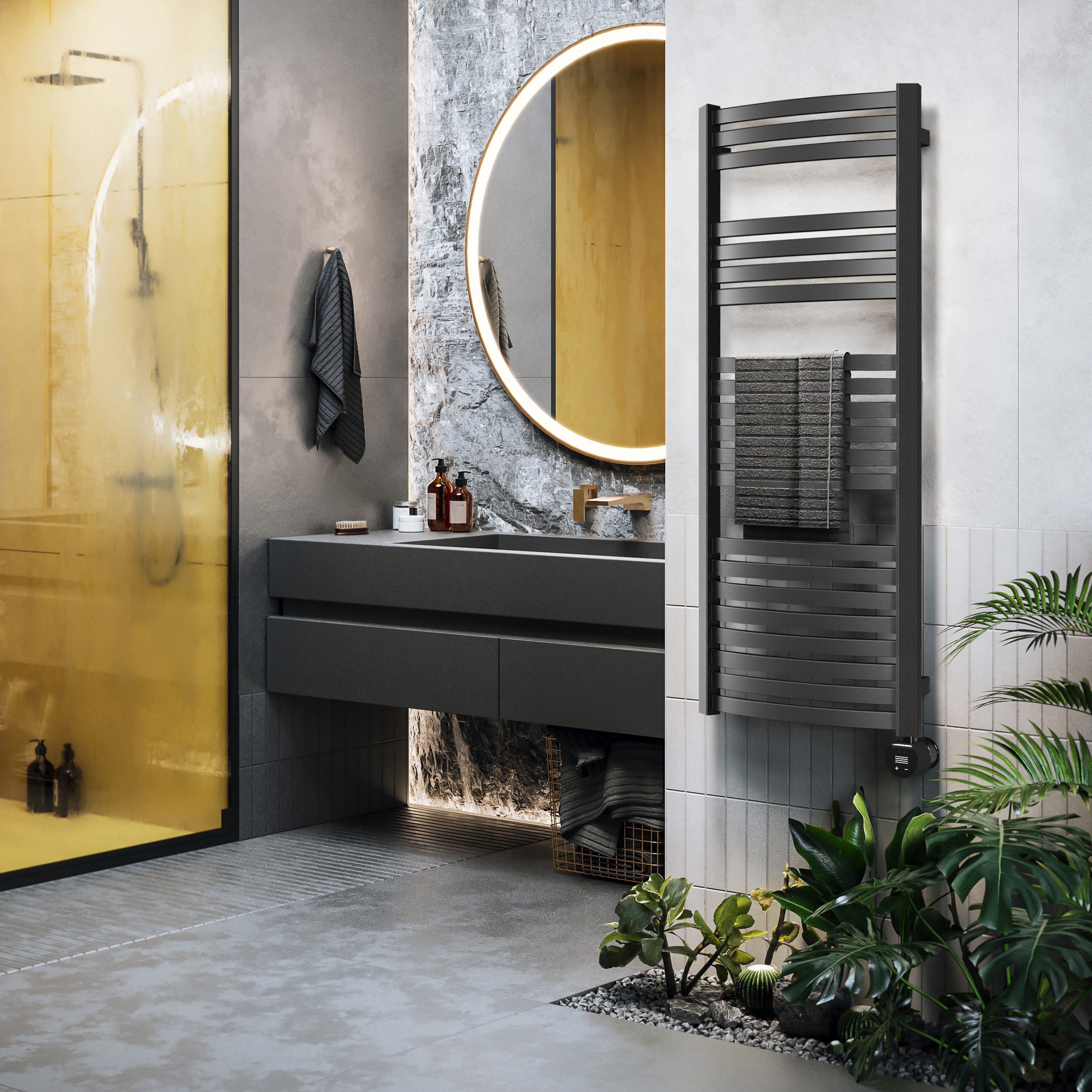 Terma Dexter Matt black Oil-filled 2046BTU Electric towel radiator (H) 1220mm x (W) 500mm