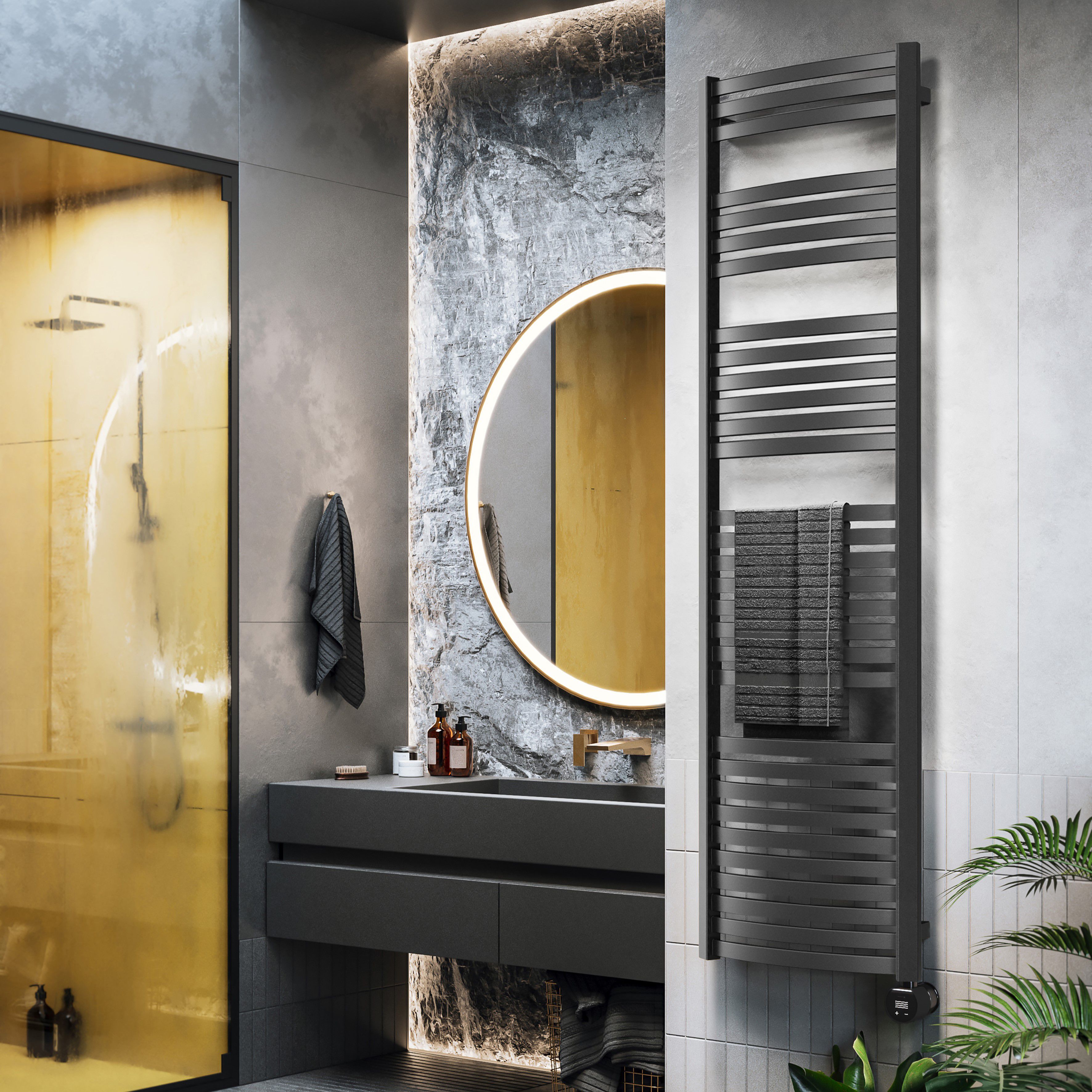 Terma Dexter Matt black Oil-filled 2728BTU Electric towel radiator (H) 1760mm x (W) 500mm