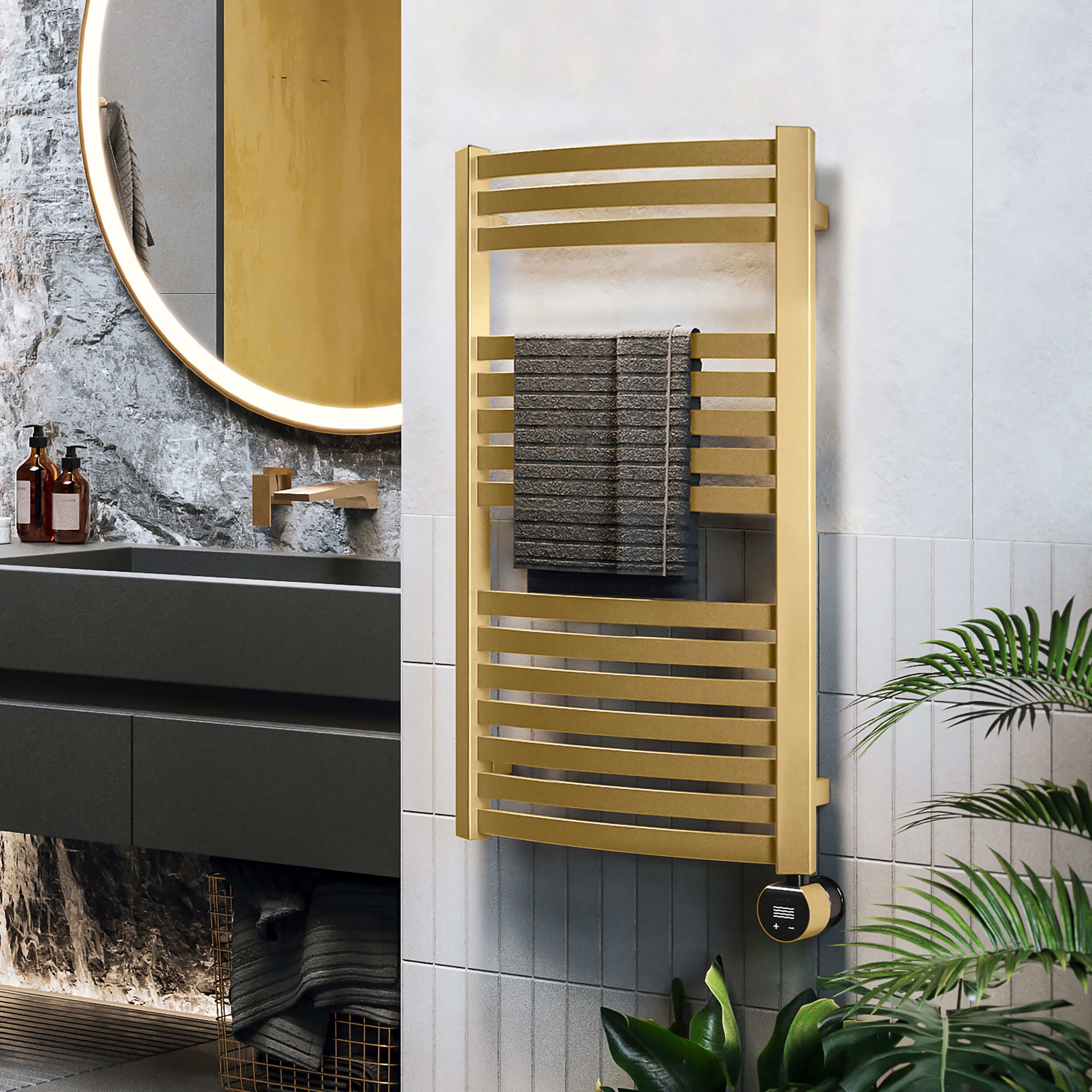 Terma Dexter Matt brass Oil-filled 1023BTU Electric towel radiator (H) 860mm x (W) 400mm