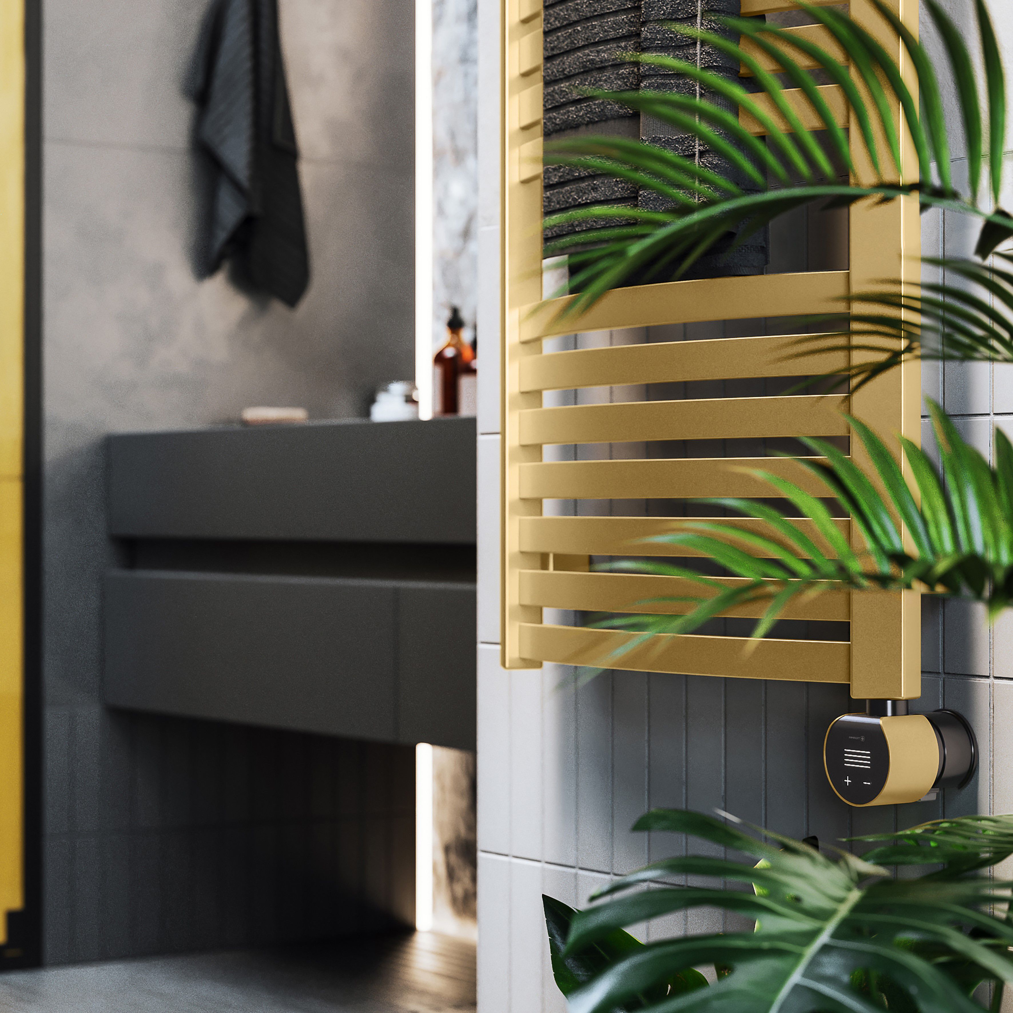 Terma Dexter Matt brass Oil-filled 1023BTU Electric towel radiator (H) 860mm x (W) 400mm