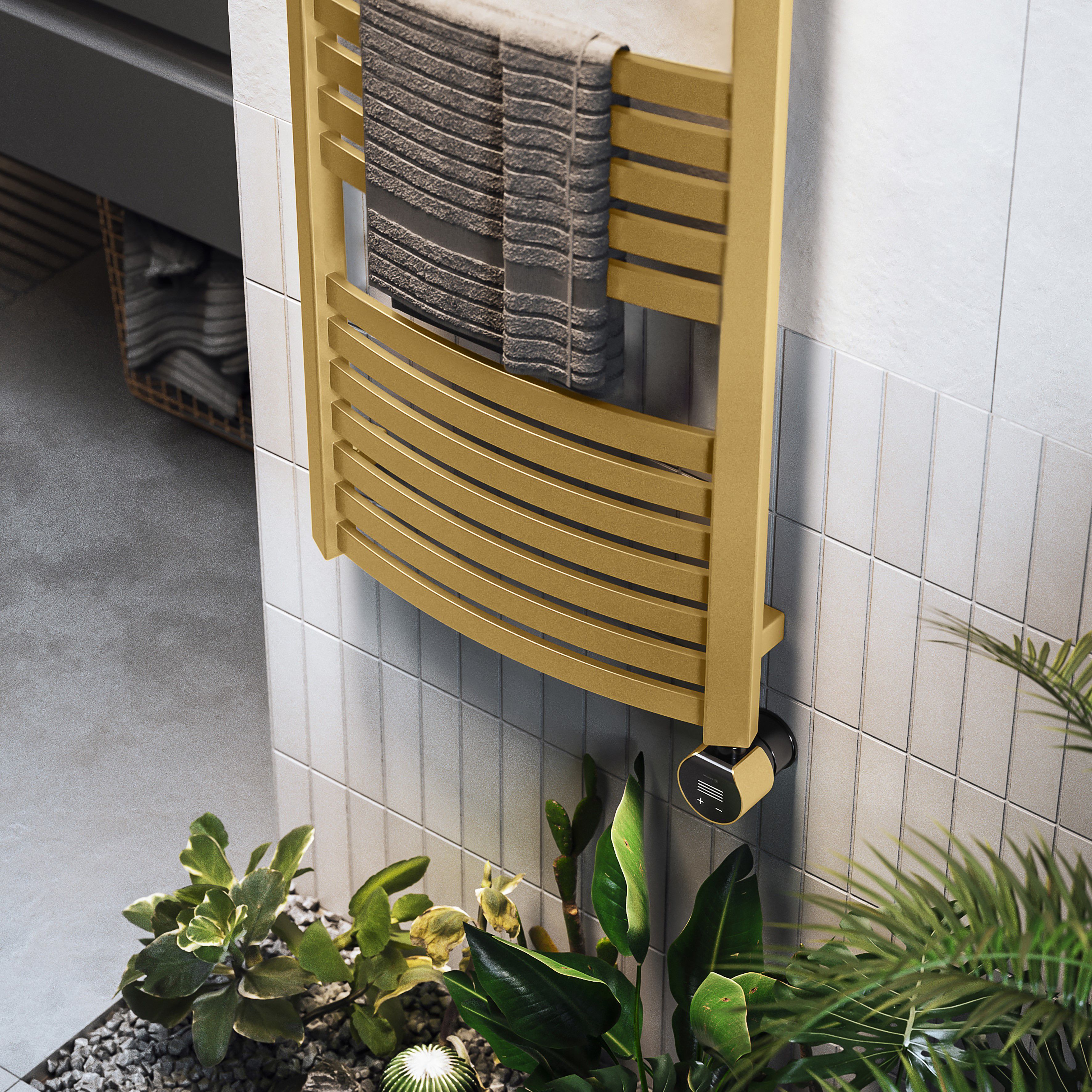 Terma Dexter Matt brass Oil-filled 1023BTU Electric towel radiator (H) 860mm x (W) 400mm