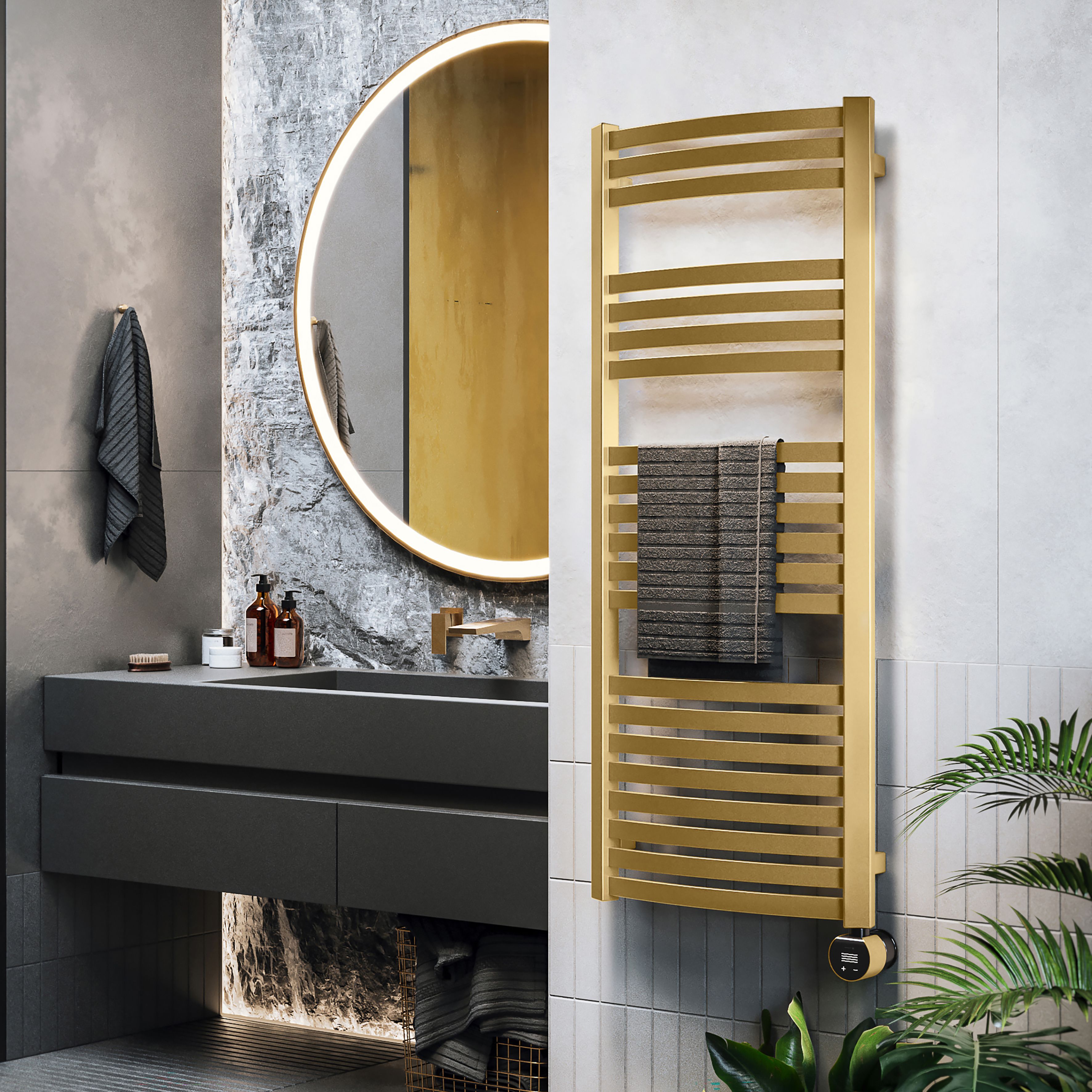 Terma Dexter Matt brass Oil-filled 2046BTU Electric towel radiator (H) 1220mm x (W) 500mm