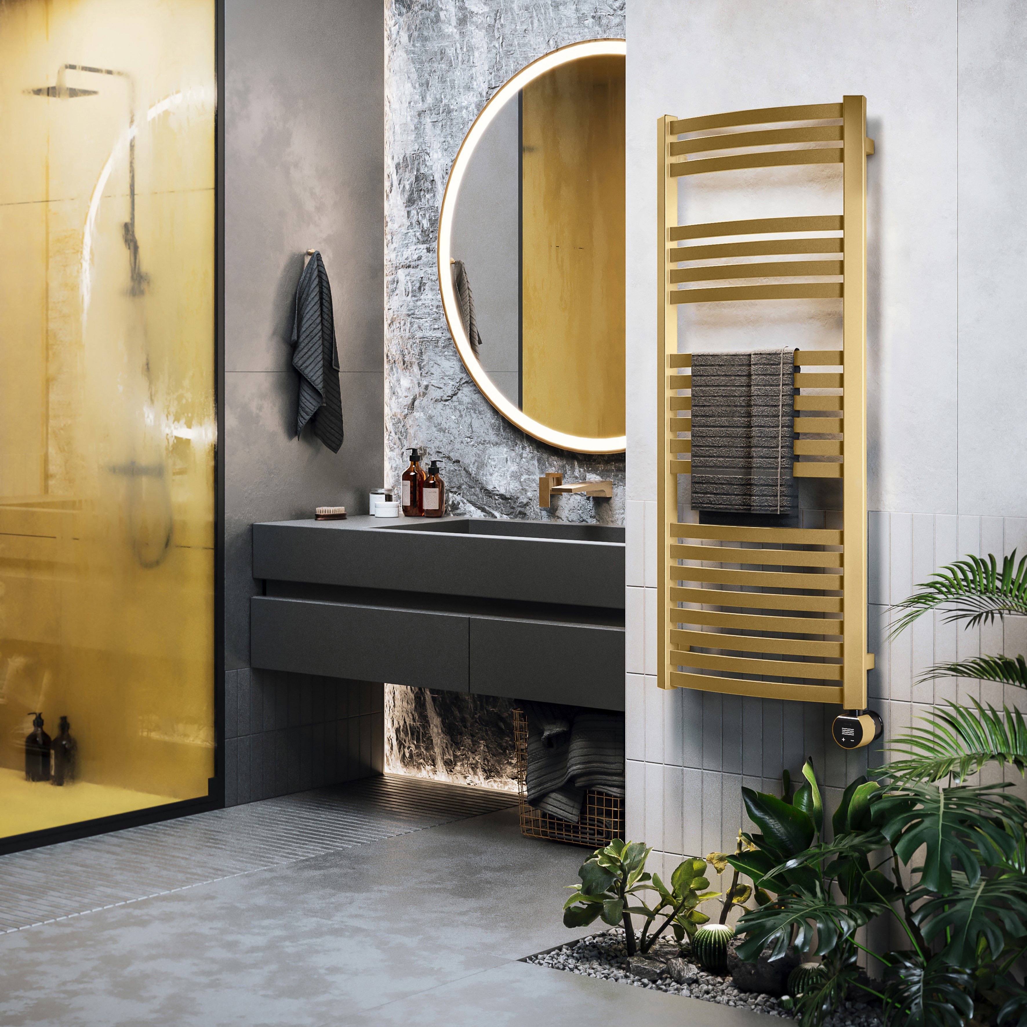 Terma Dexter Matt brass Oil-filled 2046BTU Electric towel radiator (H) 1220mm x (W) 500mm