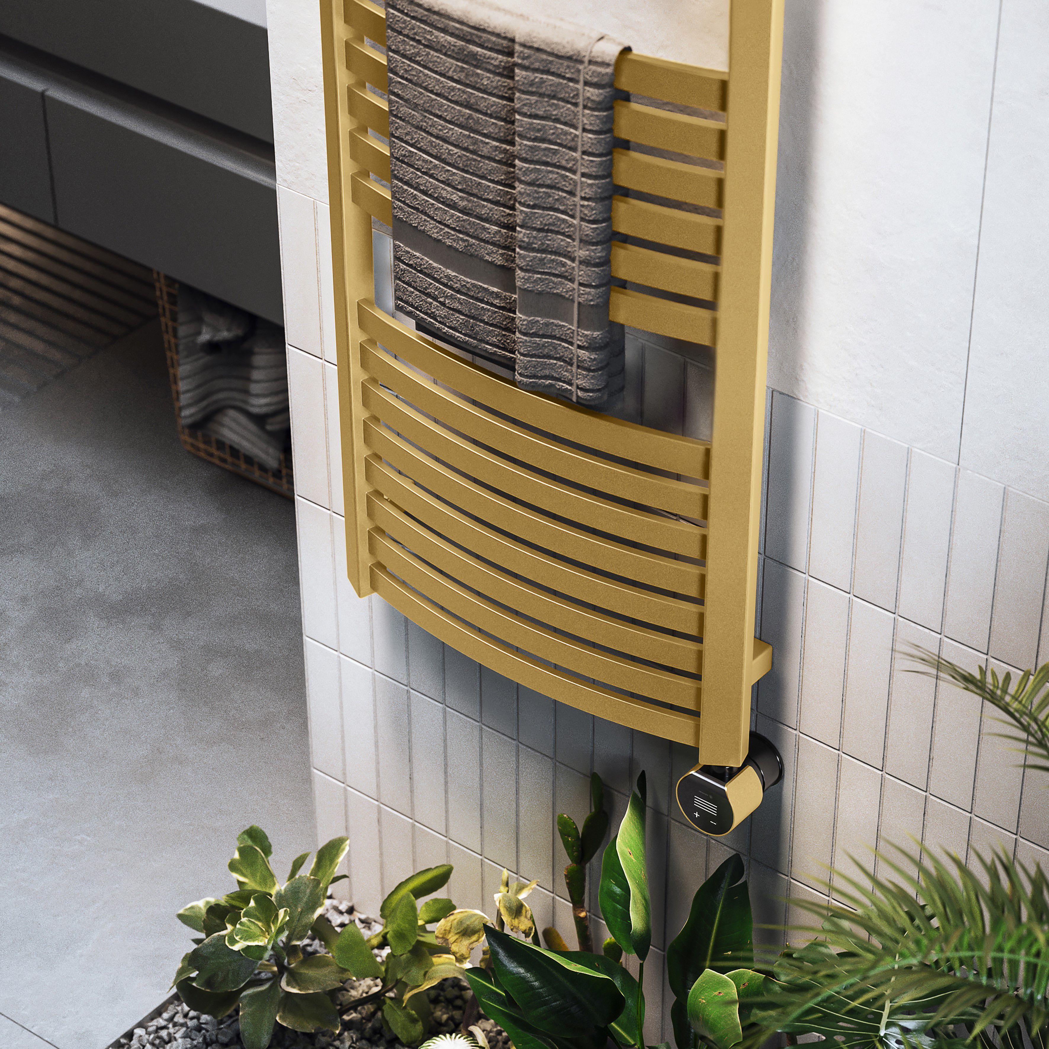 Terma Dexter Matt brass Oil-filled 2046BTU Electric towel radiator (H) 1220mm x (W) 500mm